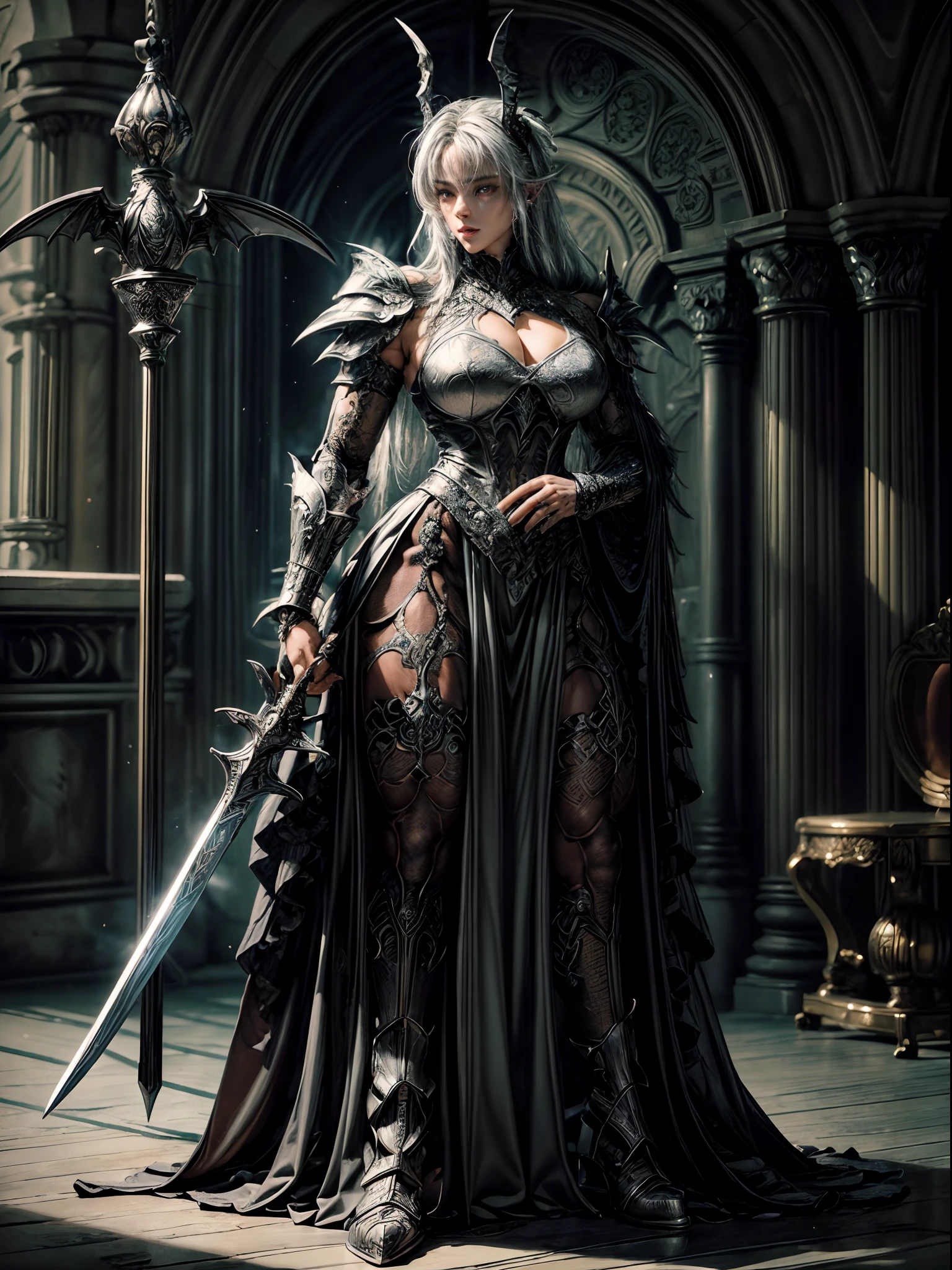 The Dragon Lord wears highly detailed black steel shoulder pads modeled after dragon heads with shimmering silver trimmings and ornaments, an overlying gray cloak with an extremely detailed large hood that falls low over the bearded face highly detailed gray feathered dragon wings with translucent membranes, insanely realistic graphics, insanely detailed details, ultra realistic and highly detailed heavy black steel armor with shiny silver shiny decorations on a gray tunic, extremely detailed heavy black steel gloves, steel boots with reinforced shiny silver ornaments, in a vaulted hall during the
,(((short_hair))),((potrait_girl)),((dynamic_pose)),((from_side)),((muscular)),(((intricate dress,detailed accessories,intricate clothes)),((holding sword))
,((Best quality)), ((masterpiece)), ((highly intricate details)),beautiful, high quality, highres, absurdres, light difussion, intricate details, complex details, ((anime)), (anime:1.2) , (perfect face:1.3), extreme detailed eyes, colorful, highest detailed, vibrant colors, high contrast, (8K UHD:1.2), (photorealistic:1.2),(masterpiece:1.4), (best quality:1.4),extremely detailed wallpaper, highly detailed illustrations, ((1 Girl)), (best lighting) , (super-complex details) , 4K unified, (super-detailed CG: 1.2) , (8K: 1.2),(original), (masterpiece) , (best quality) , (reality: 1.3) , photorealistic, Octane rendering, (surreal: 1.2)