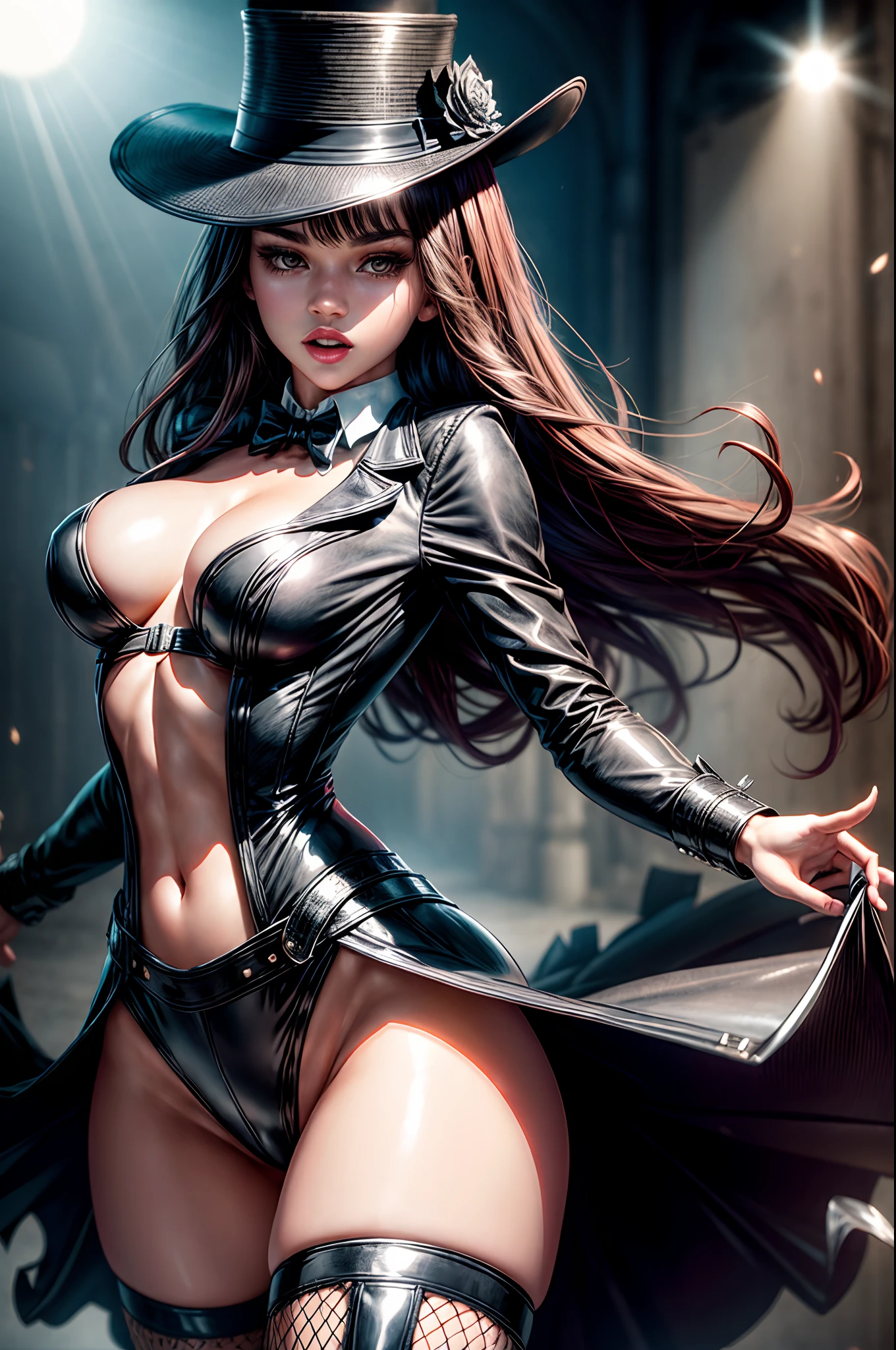 ultra detailed shot of a young woman, (Hailee Steinfeld) dressed as zatanna zatara, she wears a top hat fishnet stockings very short leather pants white shirt and a tailcoat jacket, magical, art by mschiffer, ethereal, Zatanna from DC comics, she's making some magic, magical lights, 32k resolution, best quality, dynamic pose, action pose