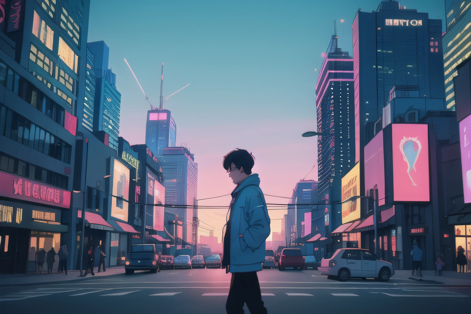 In the heart of the city, skyscrapers silhouette against a pastel sunset sky. Neon lights flicker to life, casting a retro glow on the bustling streets. The scene is enhanced with subtle VHS distortions, creating a lofi cityscape reminiscent of 90s urban dreams. As the city comes alive with vibrant energy, the air is filled with the sound of distant traffic and echoes of laughter