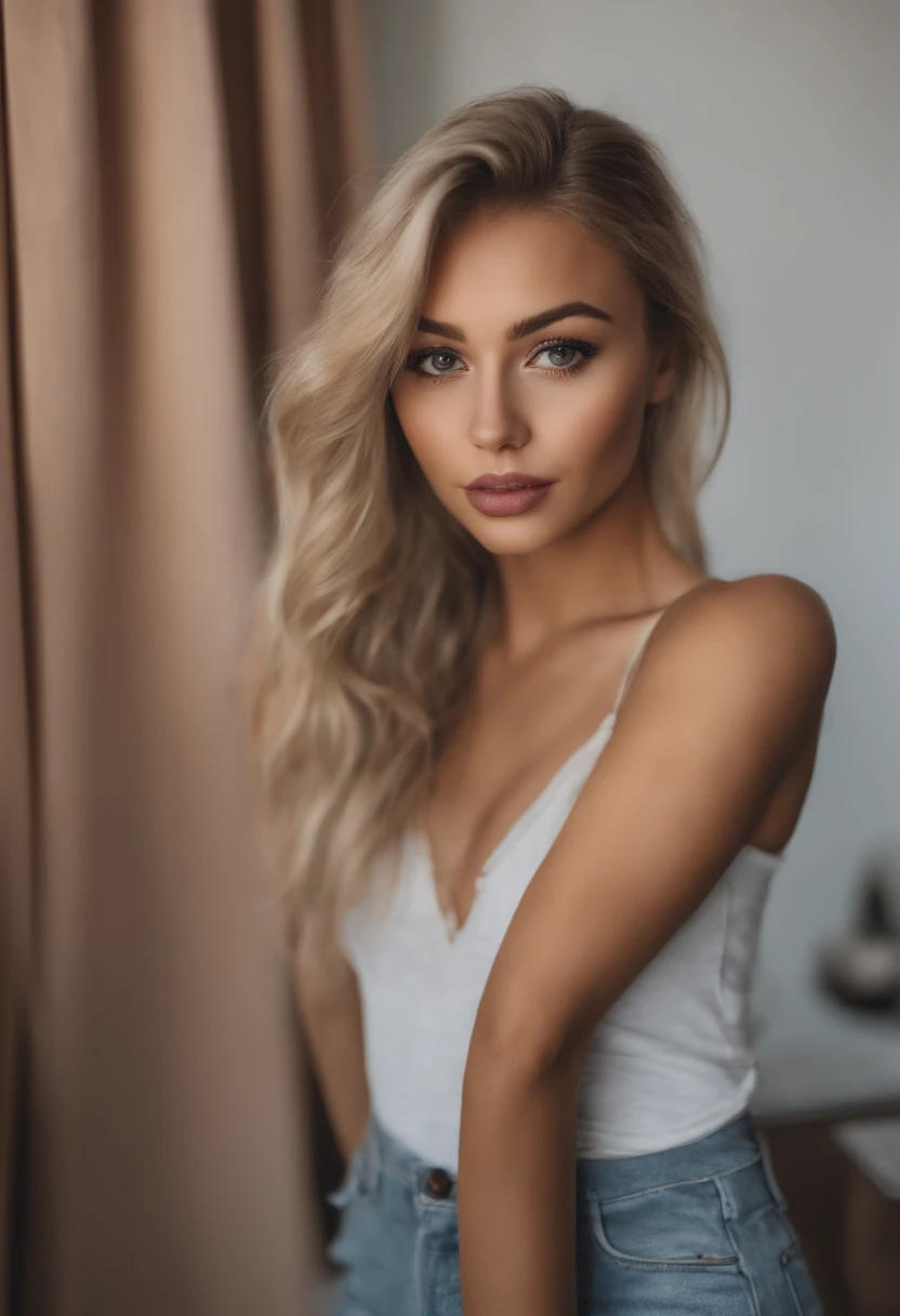 woman with matching tank top and panties, fille sexy aux yeux bleus, Portrait Sophie Mudd, Portrait de Corinna Kopf, cheveux blonds et grands yeux, selfie of a young woman, ohne Maquillage, maquillage naturel, Look directly into the camera, Visage avec Artgram, dezentes Maquillage, Superbe photo du corps entier, dans la chambre, Gros seins, Blonde, latina
