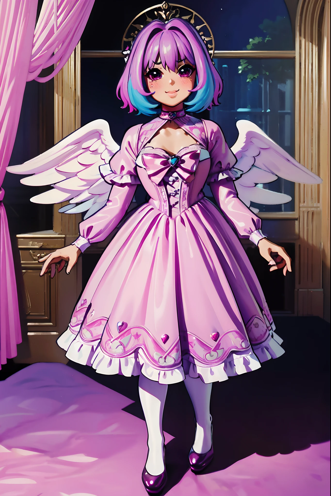 (best quality,masterpiece:1.2),intricate details,beautiful detailed eyes,beautiful detailed lips,extremely detailed eyes and face,longeyelashes,riamu, modeseven,super curvy,comic style,vibrant colors,standing,innocent, full body, standing, smile, princess dress, noble clothing, holy angel magicalgirl