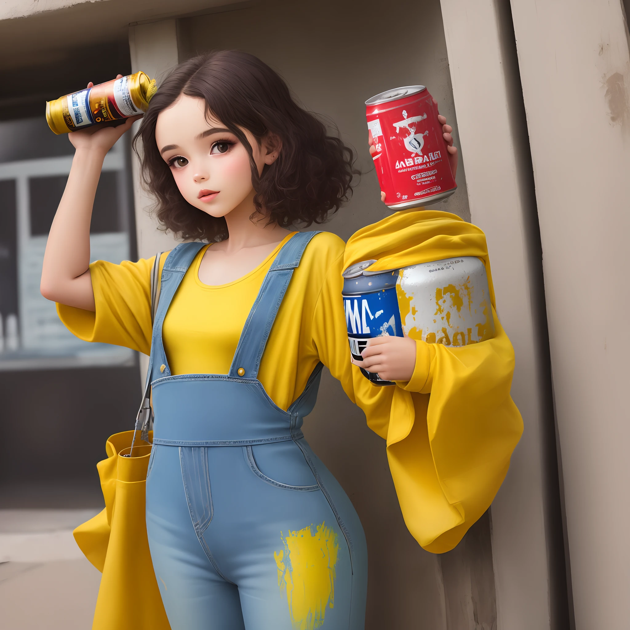 Menina de 6 anos de idade com cabelos castanhos, curtos e cacheados. Rosto com sardas. Wear a denim jumpsuit. Is holding a can of yellow paint.