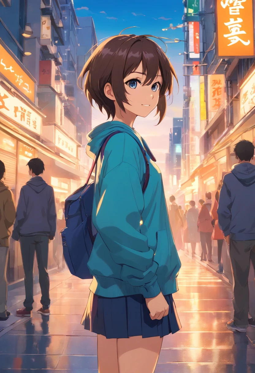 Standing on the streets of a bustling city、Backlight background to highlight subject、High contrast colors、4K high-definition quality、年轻、a smile、daili、Boy transformed into anime style with exaggerated unique facial features and clothes、full bodyesbian