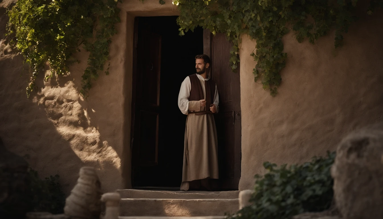 Jonas, Character in the Old Testament of the Bible, em sua cabana, In the city of Nineveh. He's at the door and underneath an ivy that shadows him