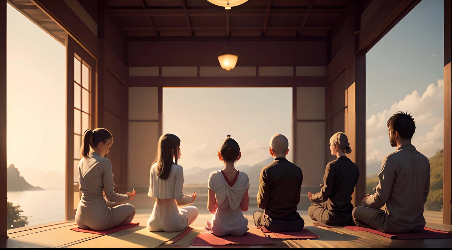 several people meditating, dressed, in a zen place