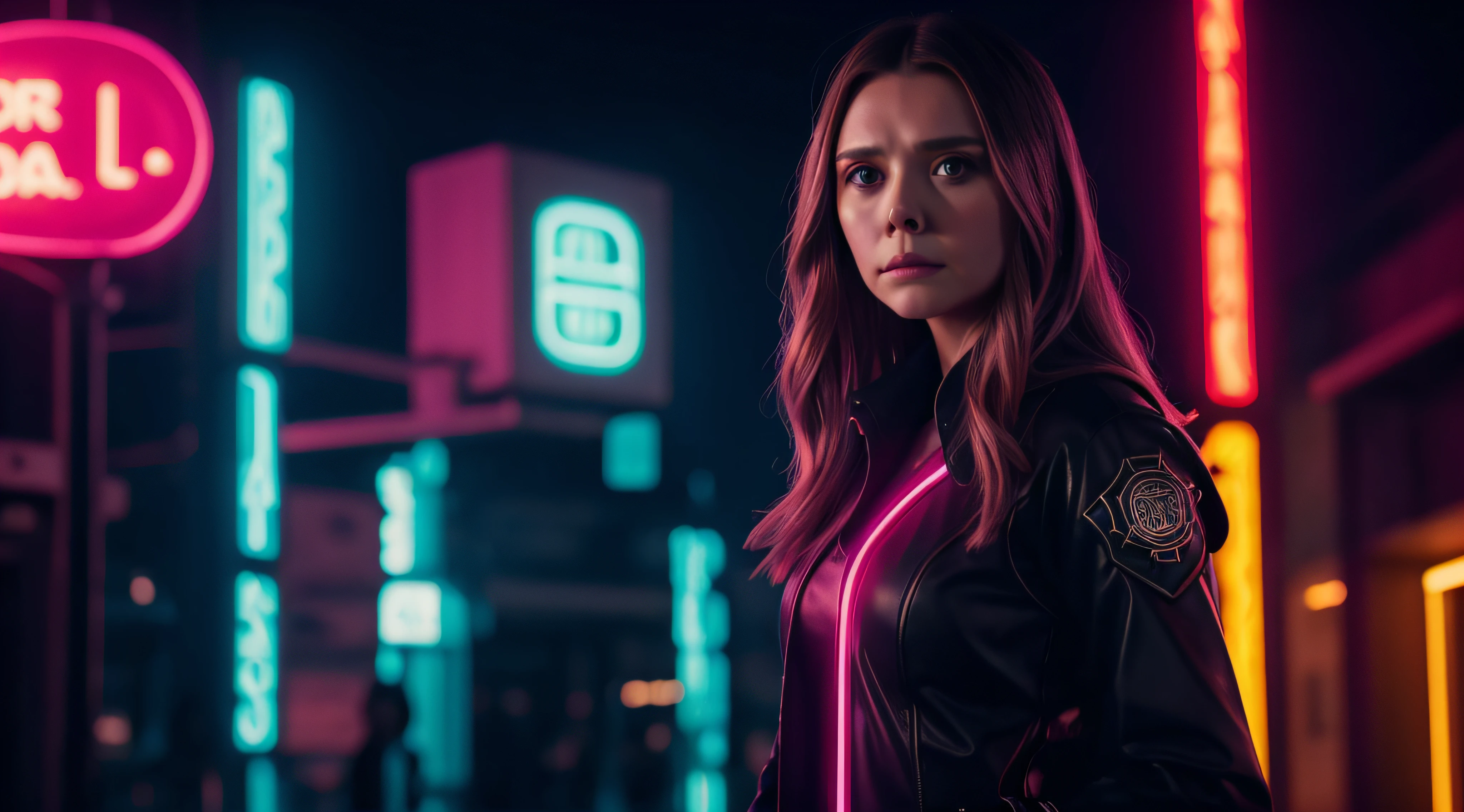 (obra prima) (ultradetalhada) (ultrarealista) Elizabeth Olsen, roupas provocativas, noite, neon light, Foto premiada, BLN-L24, exposure,Alto contraste,low saturation,high saturation 8k 3D, f 2.8 lentes, Cinematic lighting