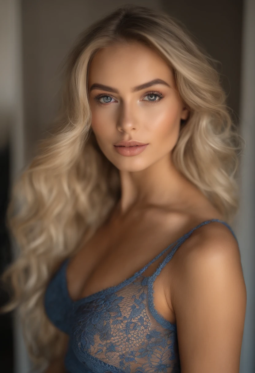 oman with matching tank top and panties, fille sexy aux yeux bleus, Portrait Sophie Mudd, Portrait de Corinna Kopf, cheveux blonds et grands yeux, selfie of a young woman, ohne Maquillage, maquillage naturel, Look directly into the camera, Visage avec Artgram, dezentes Maquillage, Superbe photo du corps entier, dans la chambre, gros seins, Blonde, Latin