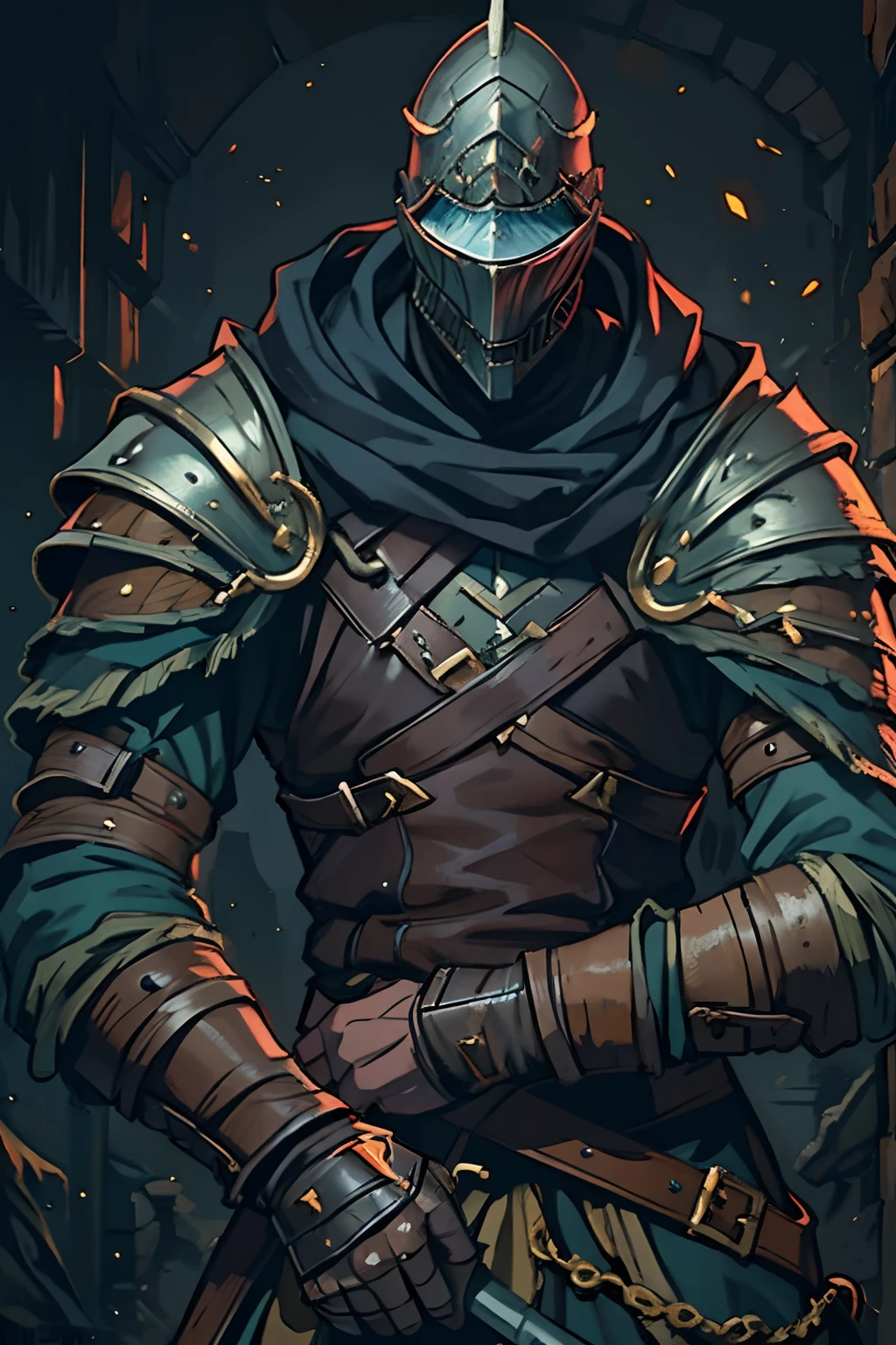 um close up de um homem forte de armadura de couro, homem segurando uma espada bastarda quebrada, homem com mascara de ferro, arte conceitual dark soul, Conceito de armadura de darkest dungeon, Estilo Dark Souls, arte conceitual sombria, cavaleiro assustador, Arte conceitual de Dark Souls, Personagem de Dark Souls, design de personagens de fantasia sombria, Estilo de Arte Dark Souls, homem deformado, homem sujo, homem com cicatrizes.