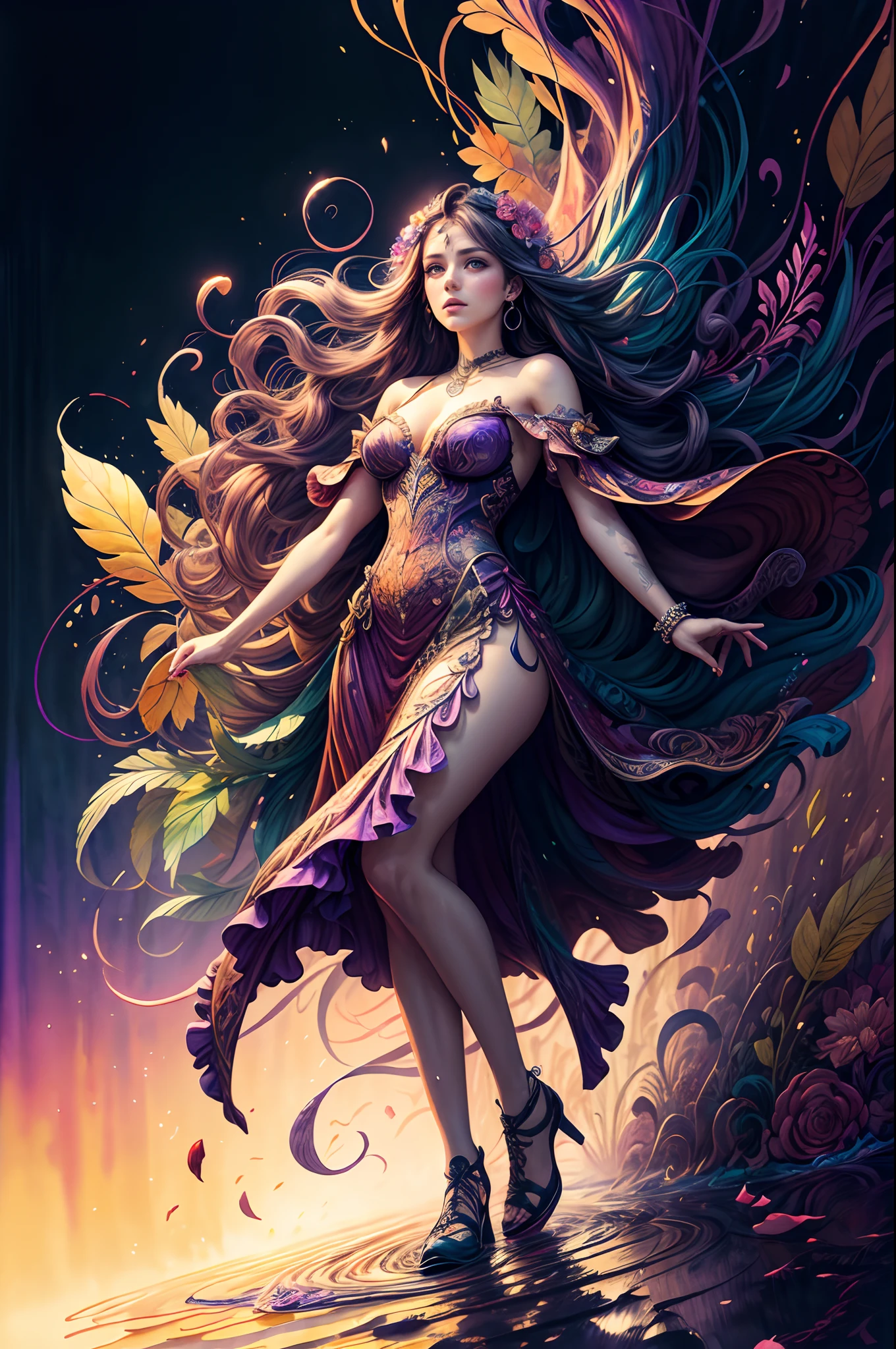 full body, beautiful long scarlet hair woman with big expressive eyes, purple ink flow, 8k resolution photorealistic masterpiece, intricately detailed fluid gouache painting, calligraphy acrylic, volumetric lighting maximalist photoillustration, by marton bobzert, 8k resolution concept art intricately detailed, 1 girl, large foliage and large flowers, very windy, depth_of_field, dynamic angle, watercolor \(medium\),