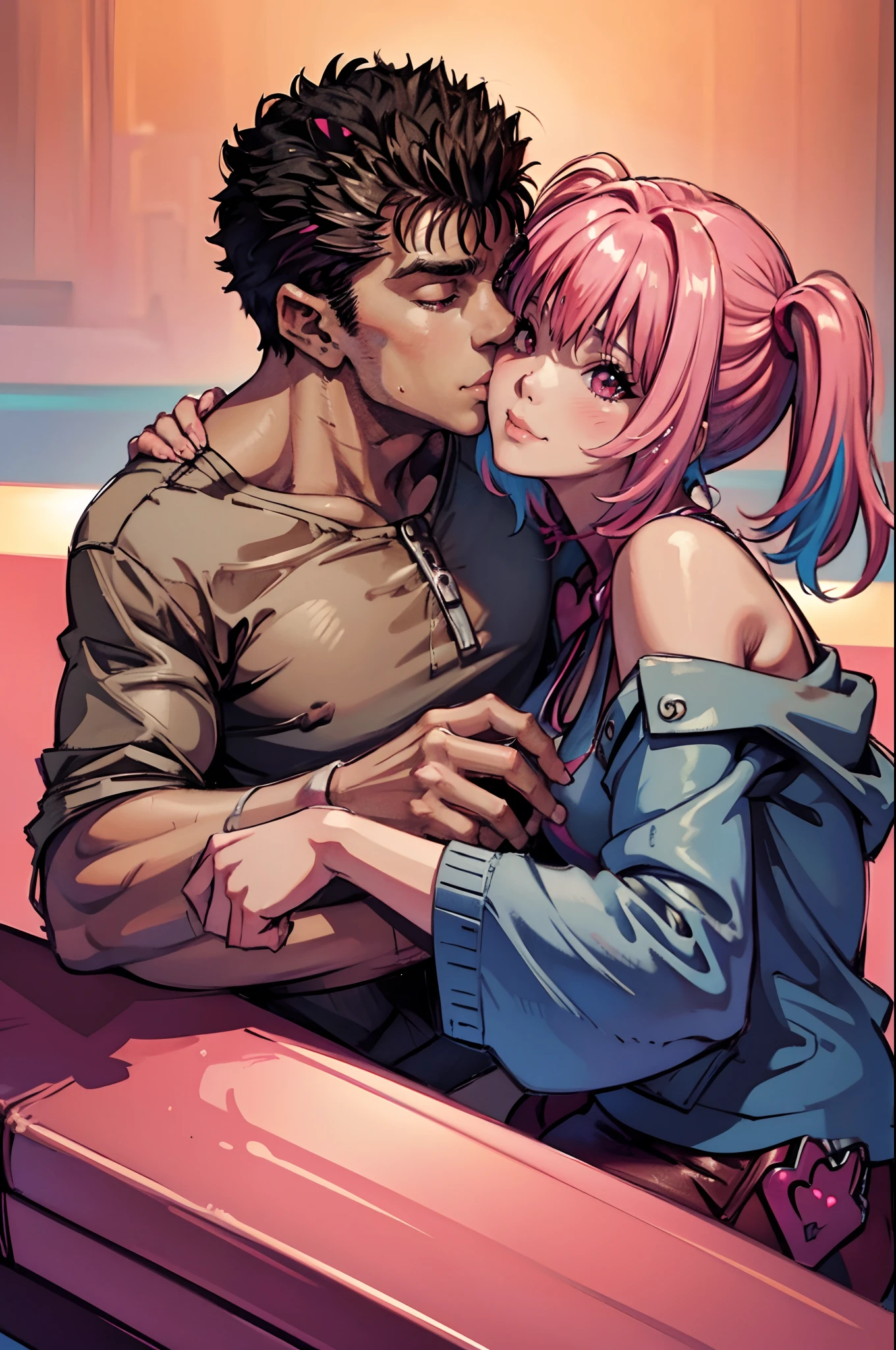 riamu,guts,couple,husband and wife,love dovey couple,sitting,hug,kiss,smile,(best quality,4k,8k,highres,masterpiece:1.2),mega-detailed,(,1.37),portraits,vivid colors,warm tones,soft lighting