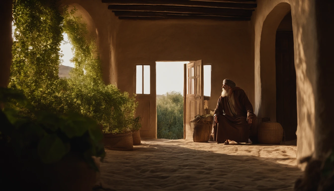 Jonas, Character in the Old Testament of the Bible, in his very simple hut and away from the city of Nineveh. He's sitting at the door and underneath an ivy that shadows him
