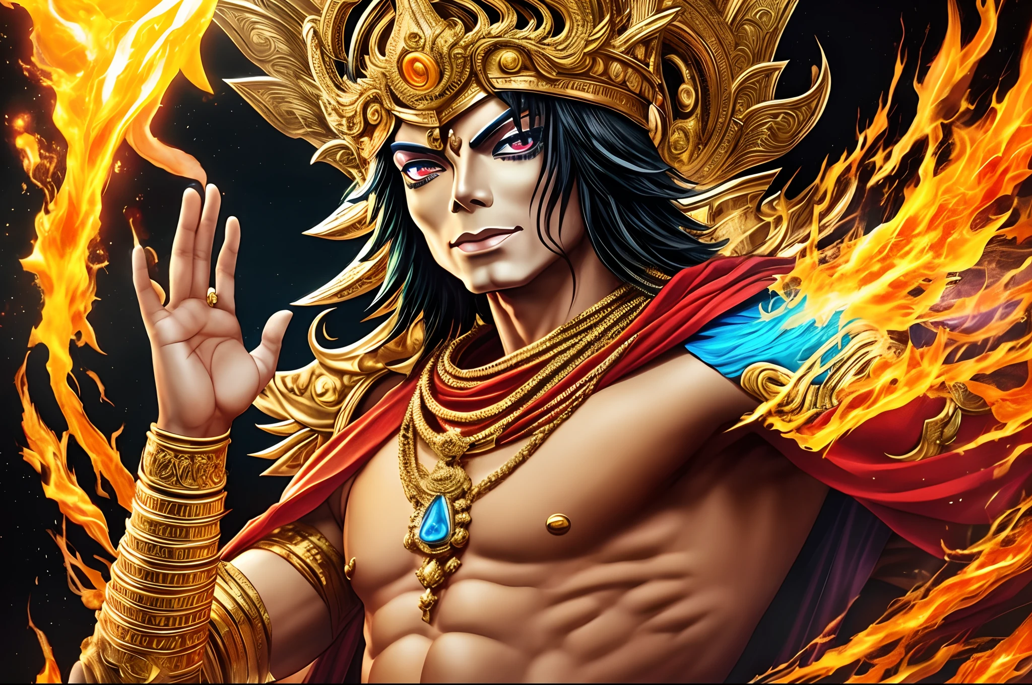 Michael jackson "king of pop" as ramayana god, he wear hat , Raise One's Hand ,Full figure ,Gold Suite shoulder aromor of lighting flames, Scarlet scarf, golden mask , body wear Black cloth as Saint seiya ,3D , Akira anime style art paint by Yoshitaka Amano and Tetsuo Hara , hoghest details, melding fluid colors around his hand, orange, green, red, royal blue, epic light, melting dripping skin, ambient ligh ,beautiful,beautiful,beautiful. --auto --s2