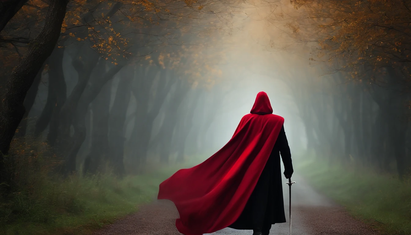 Describe an enigmatic man with a black and red hat, wearing red and black clothes and a black cape, who moves in the night wind. His face has a penetrating look, with strong features, vibrant and mysterious eyes. being in a mystical environment walking on a road with fog and your cape under the moonlight