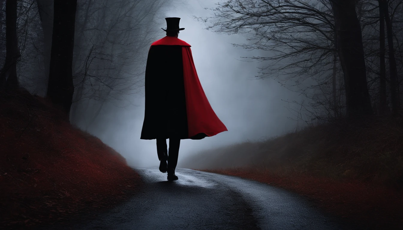 Describe an enigmatic man with a black and red hat, wearing red and black clothes and a black cape, who moves in the night wind. His face has a penetrating look, with strong features, vibrant and mysterious eyes. being in a mystical environment walking on a road with fog and your cape under the moonlight