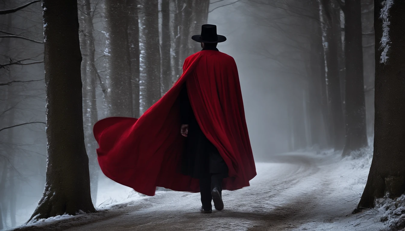 Describe an enigmatic man with a black and red hat, wearing red and black clothes and a black cape, who moves in the night wind. His face has a penetrating look, with strong features, vibrant and mysterious eyes. being in a mystical environment walking on a road with fog and your cape under the moonlight