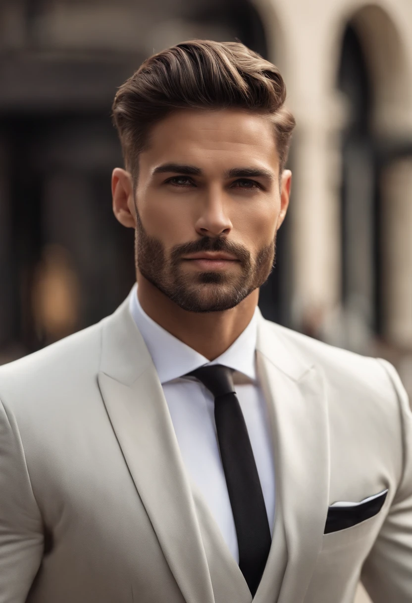 em cima、Make a handsome man in his 30s in a black suit and tie, CEO, cabelos castanhos e barba, (Homem de terno preto e gravata), ), (Use barba,) Attractive and serious look, cabelos curtos e escuros, Elegante e elegante, Barbear suit-fit e corpo forte, (alta qualidade, imagens realistas), Preto escuro e claro no fundo da imagem, Estilo de filme, ((qualidade superior, 8k, obra prima), ultra hi definition photo, (Rostos bonitos detalhados, textura da pele do detalhe, Corpo hiperdetalhado:1.1)