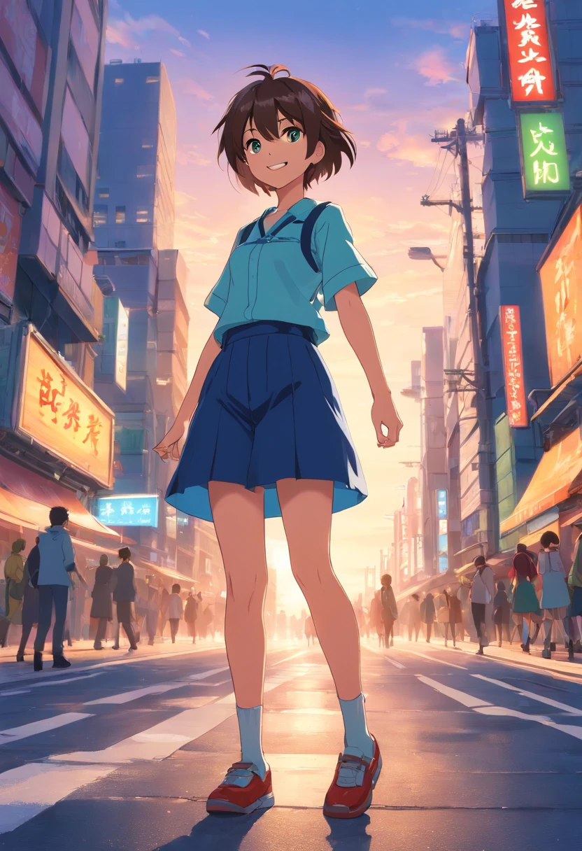 frontage、Standing on the streets of a bustling city、Backlight background to highlight subject、High contrast colors、4K high-definition quality、年轻、a smile、daili、Boy transformed into anime style with exaggerated unique facial features and clothes