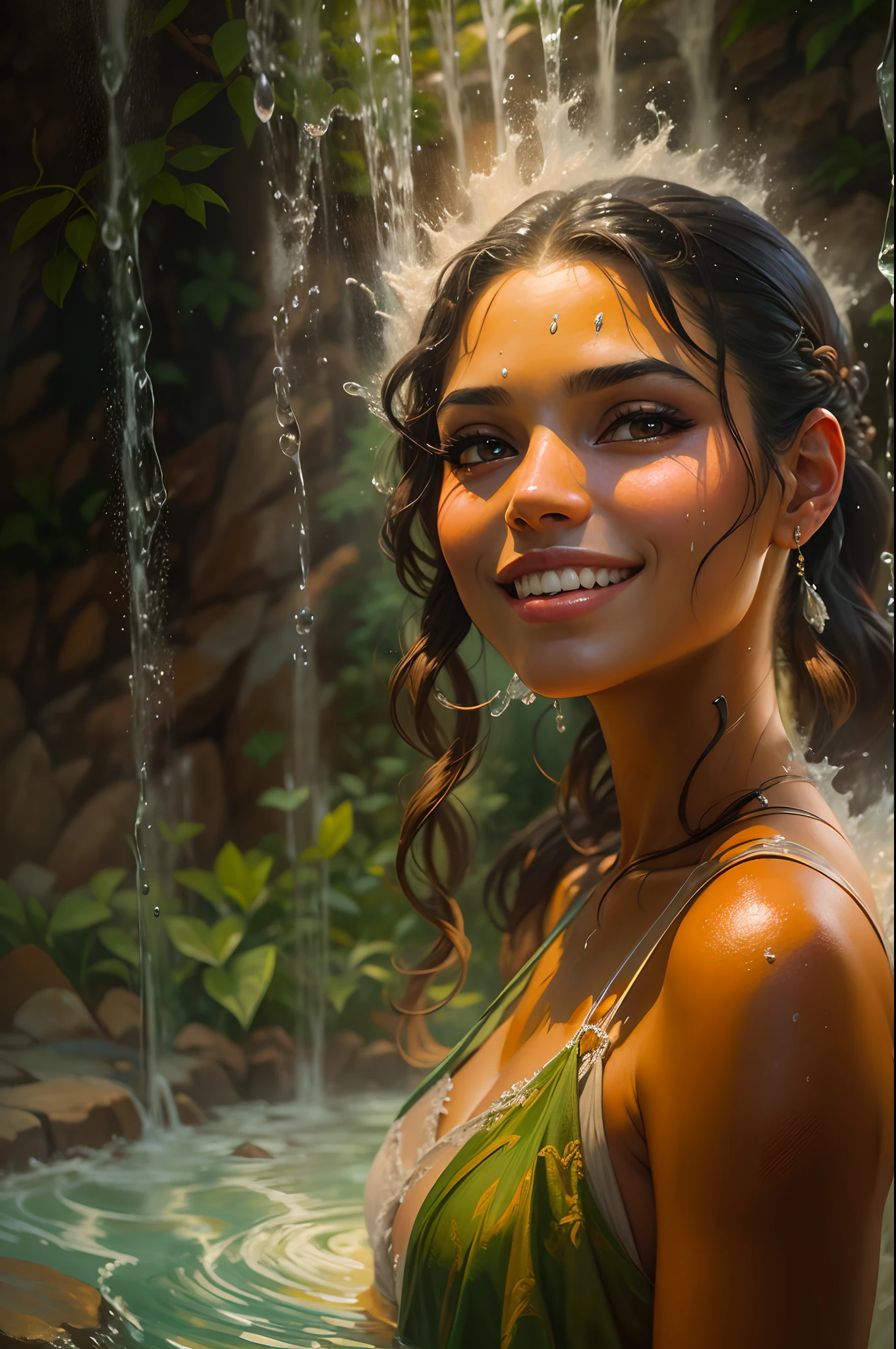 mujer pirata, Caucasian, cabello negro, ((corte de pelo muy corto)), ((cabello muy recortado)), ((Attention to detail of very short hair)), desnuda, ((pechos grandes)), , un hombre lanza chorros de leche desde la punta de su pene, sexo con un hombre en la jungla, con un lago y una cascada al fondo.