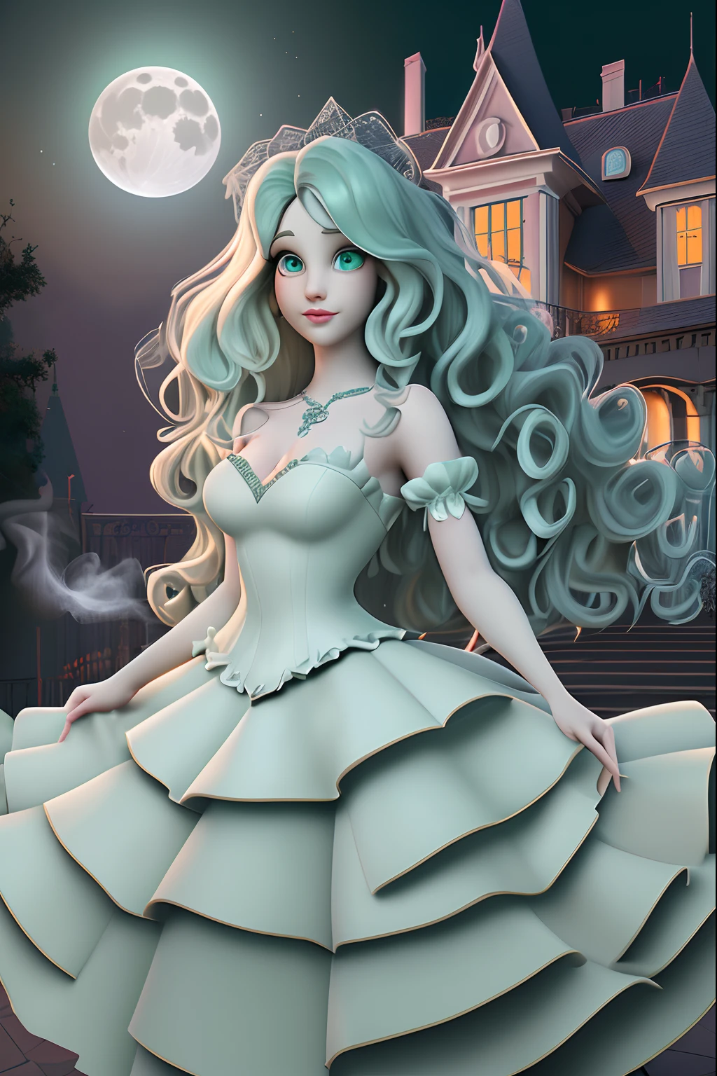 portrait, looking at viewer, 1girl, solo, floral pattern dress , velvet gown, medium breasts, jewelry, outdoors, volumetric lighting, masterpiece, best quality,White style of a Disney Pixar cartoon, mint green wavy hair, mint green eyes, peach silk dress dancing infront of a historic haunted mansion , digital illustration, high resolution, pumpkins , halloween pumkins,white ghosts flying around , ominous vibes,smoke, prism and glitter, full moon,magical