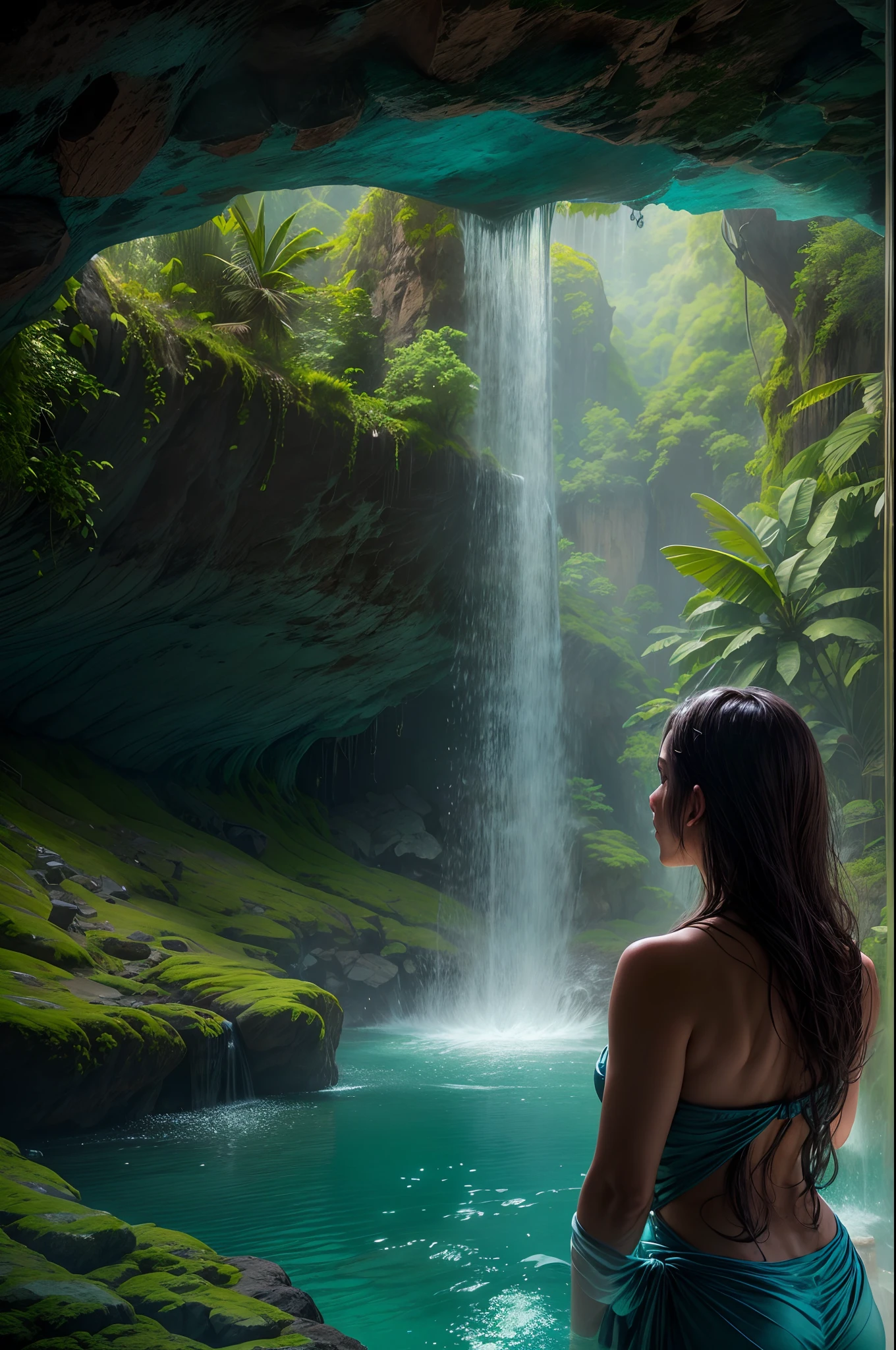 indian girl ,  , Best Quality, Illustration, Ultra-detailed, finely detail, hight resolution, 8K Wallpaper, Perfect dynamic composition, Beautiful detailed eyes, She is a bikini model, Natural lip color, String bikini , Big breasts, Natural hair , Lie face down, Full body ,in a waterfall,