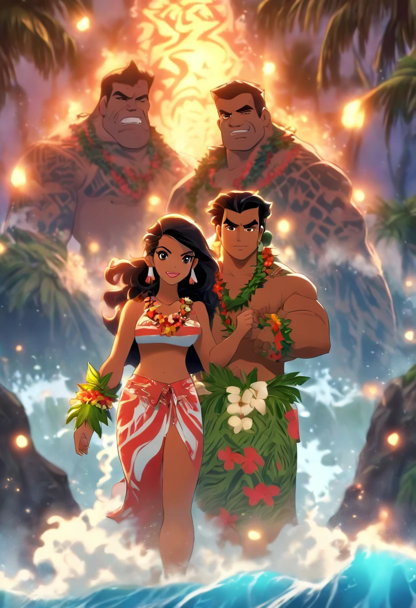 (((Hawaiian Woman and Hawaiian Man))) best quality, ultra-high resolution, 4K detailed CG, masterpiece, woman, man, underworld, dark atmosphere, gloomy weather, Hawaiian clothing, Hawaii, Maori tattoos, Maori mythology , ((Underworld,)), Maori image style, aesthetic, screen-centric, full body
