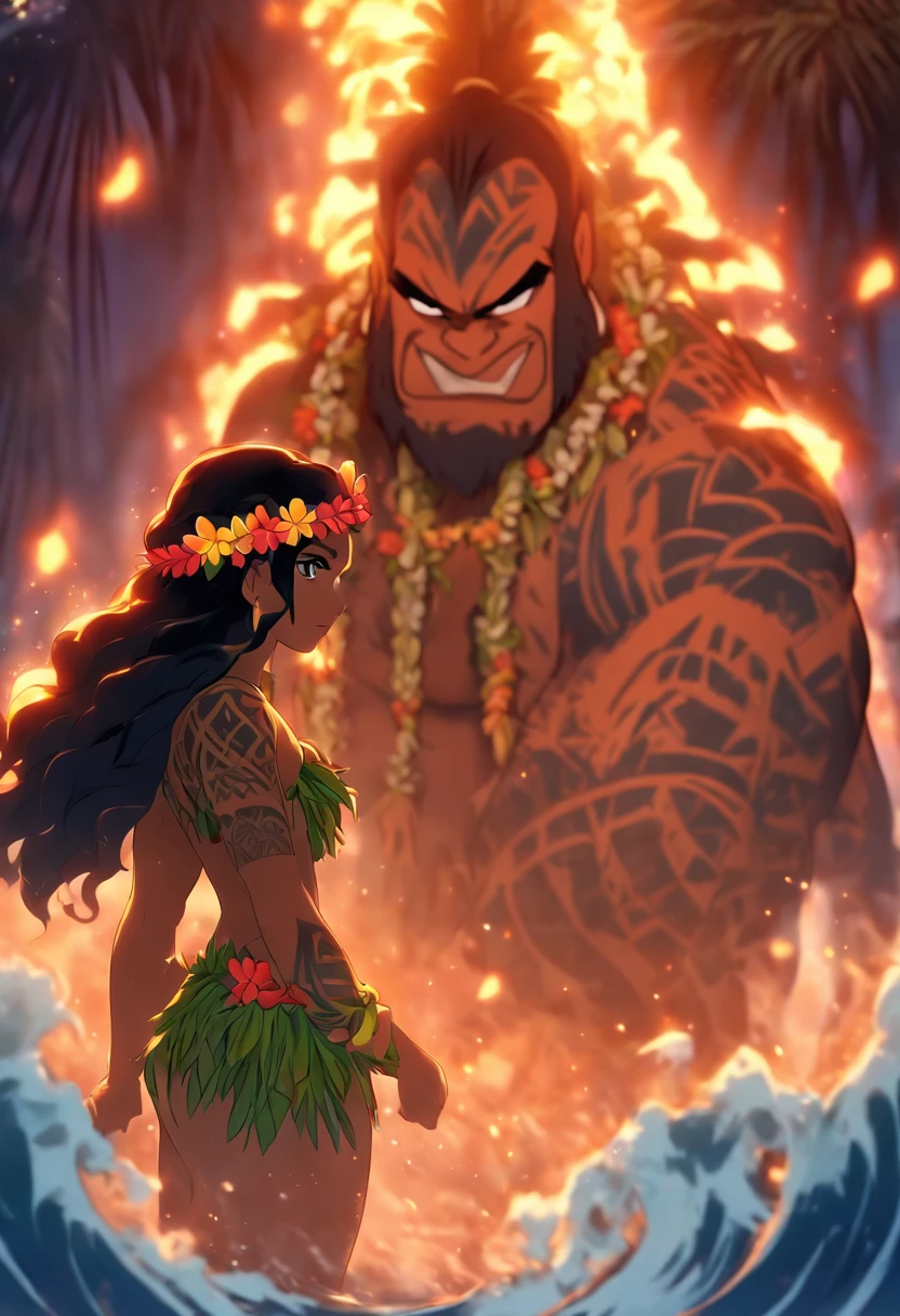 (((Hawaiian Woman and Hawaiian Man))) best quality, ultra-high resolution, 4K detailed CG, masterpiece, woman, man, underworld, dark atmosphere, gloomy weather, Hawaiian clothing, Hawaii, Maori tattoos, Maori mythology , ((Underworld,)), Maori image style, aesthetic, screen-centric, full body