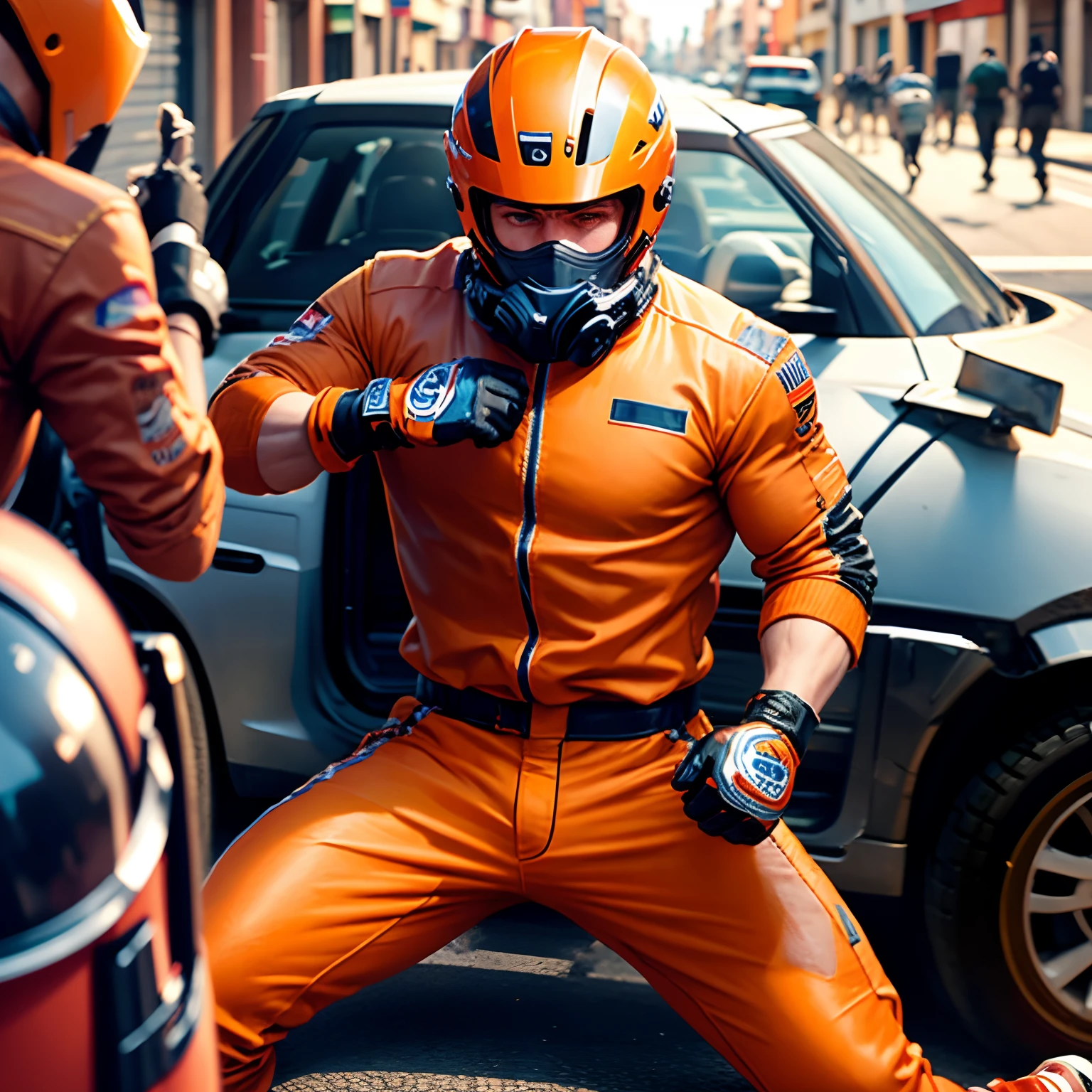 Fórmula 1 driver with helmet, Orange suit, punching thugs