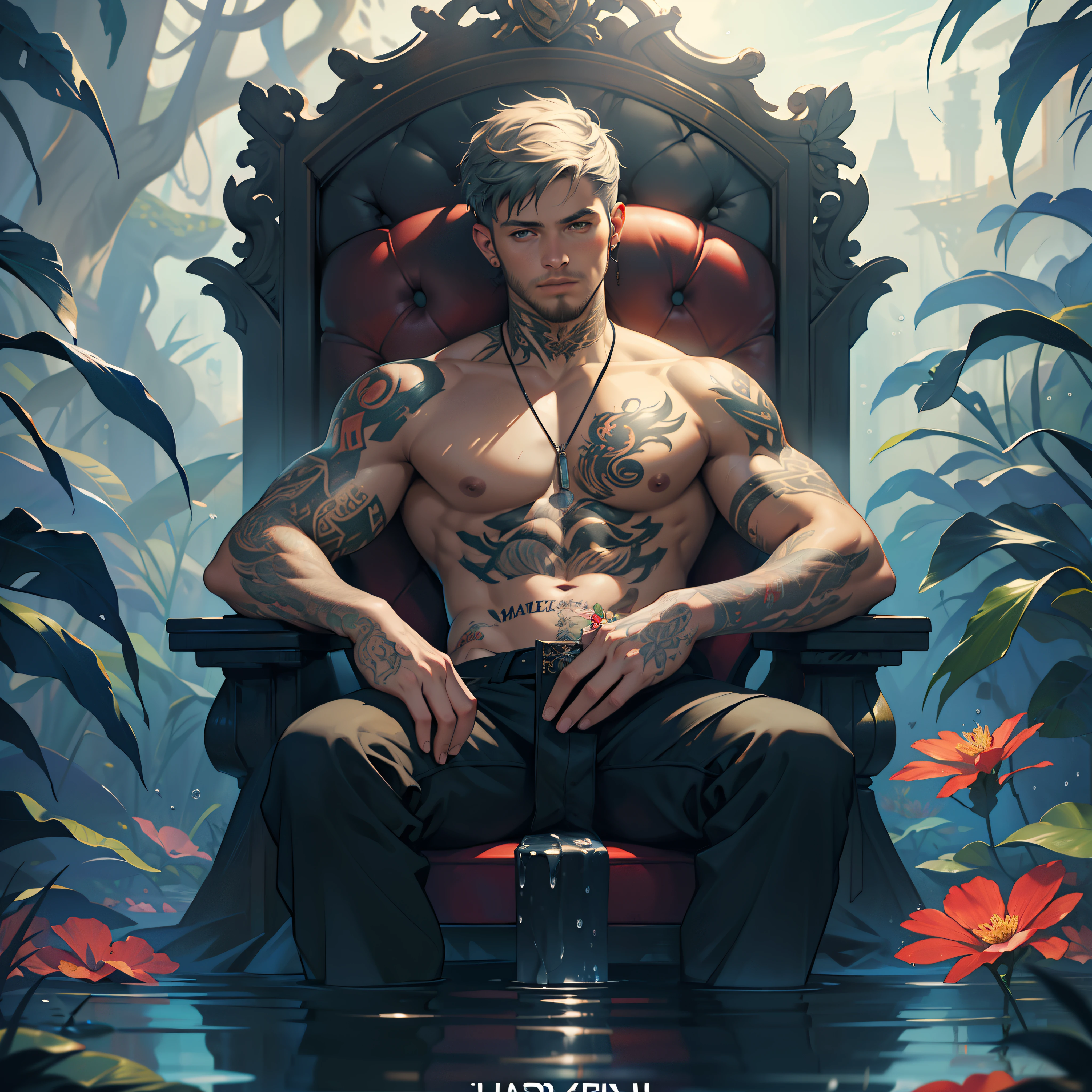 there is a man with tattoos on his body and a flower in his hand, album art, realism art, sitting in his throne underwater, art cover, realism art style, album, realistic art, official artwork, realism artstyle, music album art, by Adam Dario Keel, realistic artwork, album art cover, official art, lil peep, inspired by Adam Dario Keel