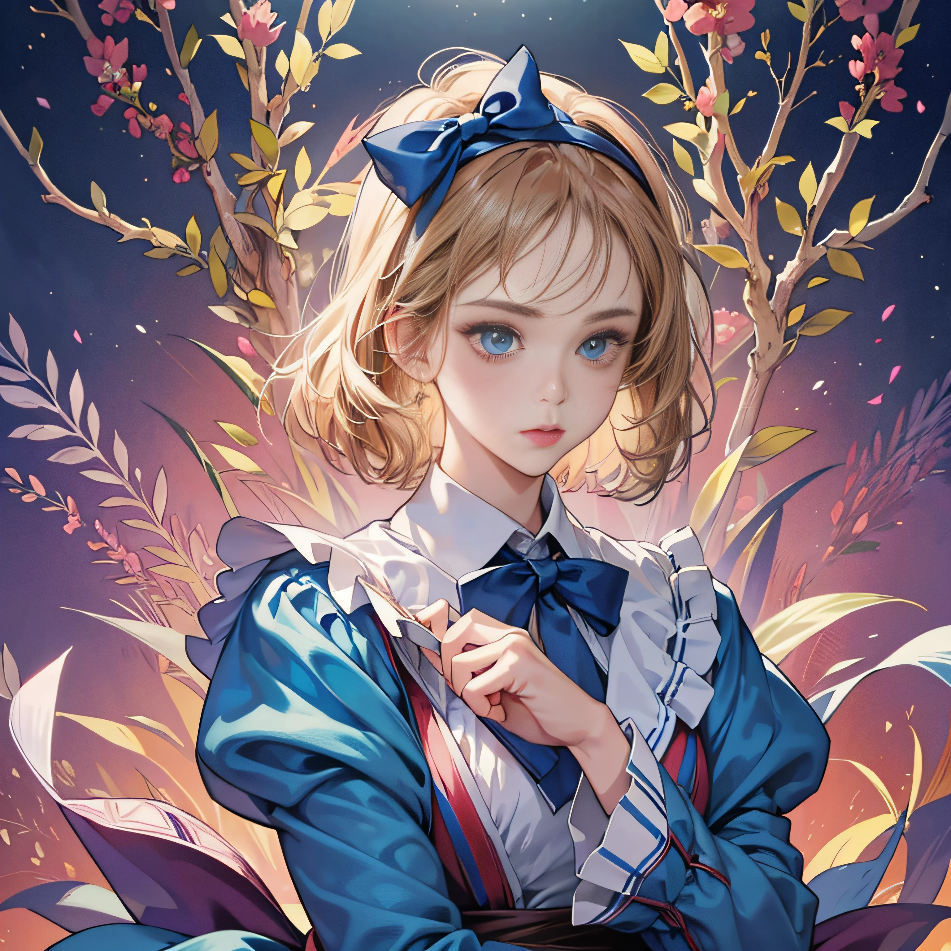 1girl in, masutepiece, Best Quality, 8K, Detailed skin texture, Detailed Cloth Texture, beautifull detailed face, Intricate details, ultra-detailliert, Alice in Wonderland, (Bow on her head:1.1), Upper body --auto
