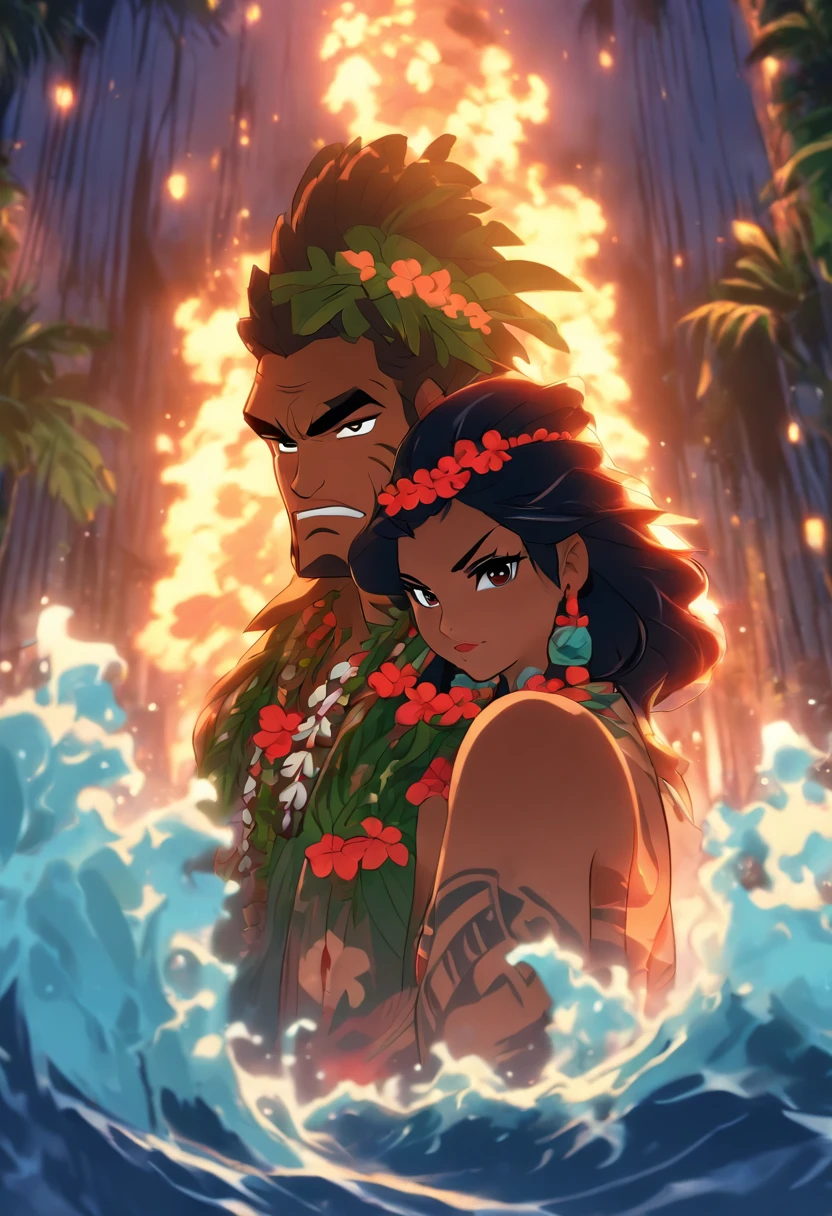 (((Hawaiian Underworld))) best quality, ultra-high resolution, 4K detailed CG, masterpiece, woman, man, underworld, dark atmosphere, gloomy weather, Hawaiian clothing, Hawaii, Maori tattoos, Maori mythology, (( Hawaiian Woman and Hawaiian Man)), Maori image style, aesthetic, screen-centered, full body