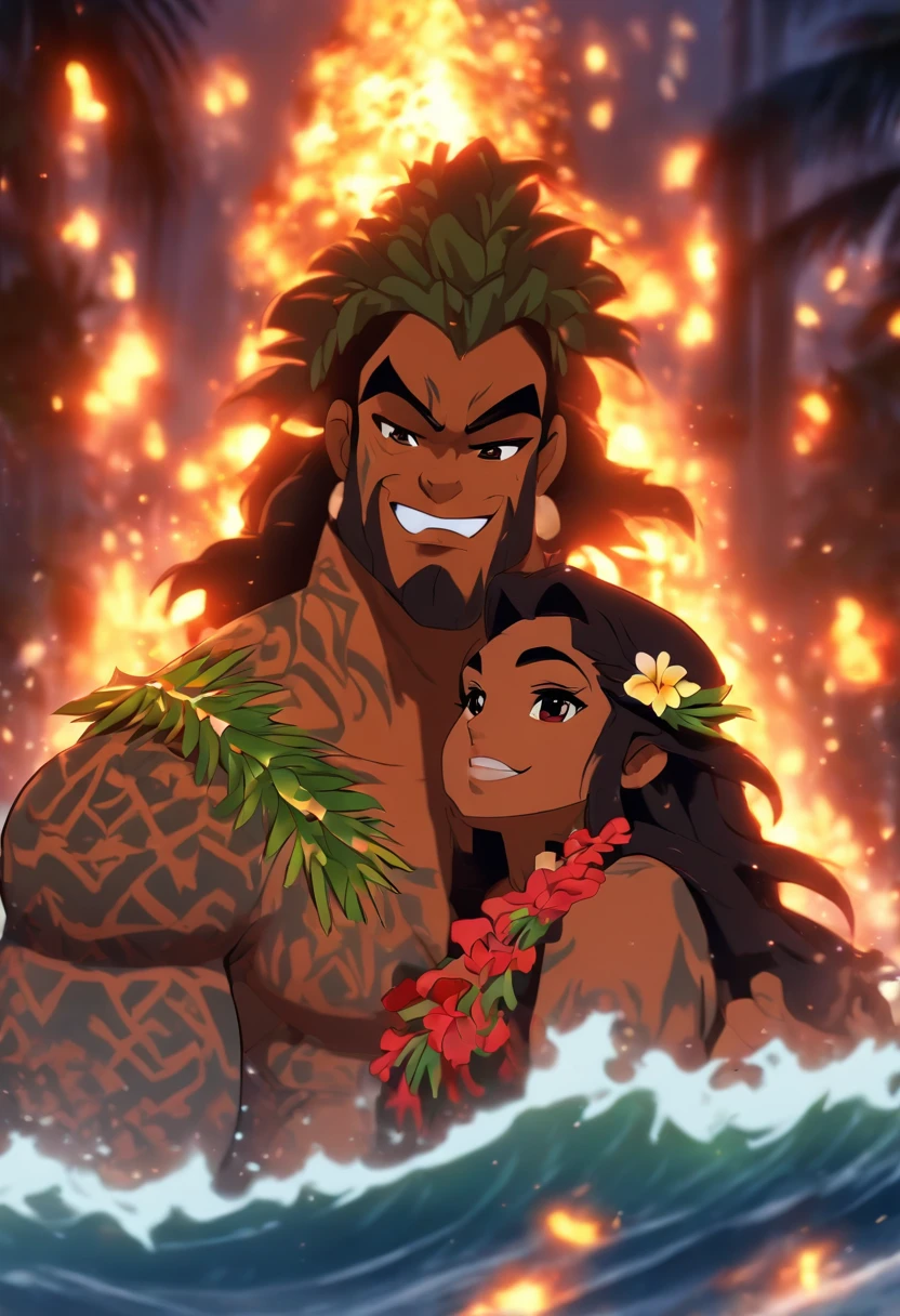 (((Hawaiian Underworld))) best quality, ultra-high resolution, 4K detailed CG, masterpiece, woman, man, underworld, dark atmosphere, gloomy weather, Hawaiian clothing, Hawaii, Maori tattoos, Maori mythology, (( Hawaiian Woman and Hawaiian Man)), Maori image style, aesthetic, screen-centered, full body