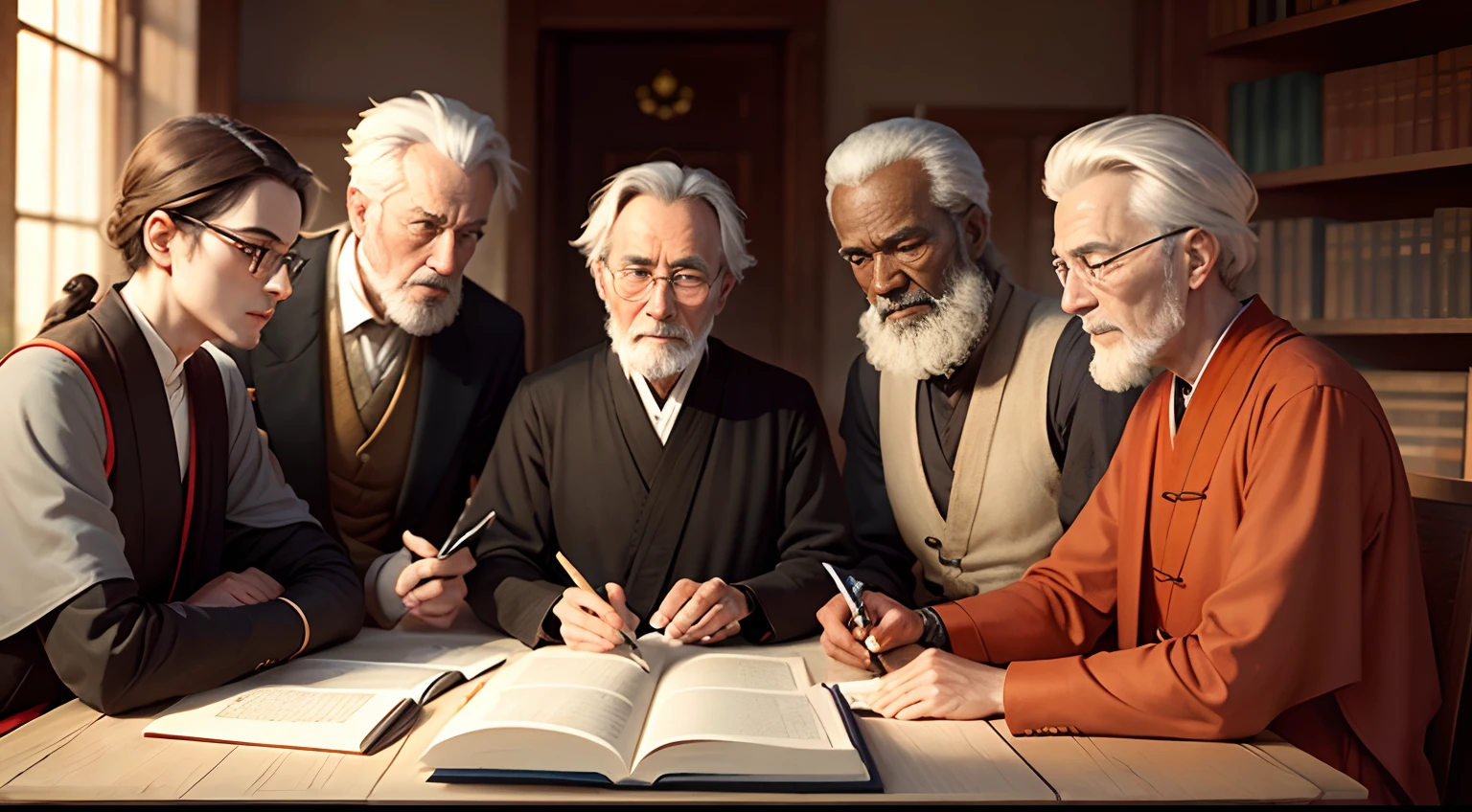 Viktor Frankl, Aristotle, Laozi, Seneca, Thich Nhat Hanh and Epictetus, all in the same scene, friendly