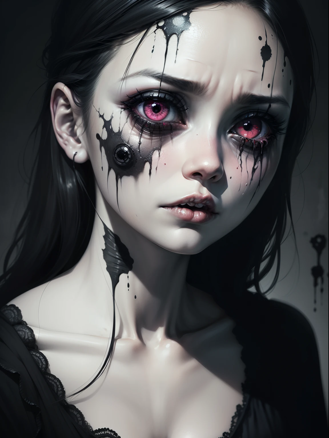 (Junji Ito manga portrait illustration of girls face), horrified, scared, afraid expression,( black tears, smudged makeup), detailed, (horror theme:1.5), contemporary horror, ((black and white)), creepy atmosphere, disturbing