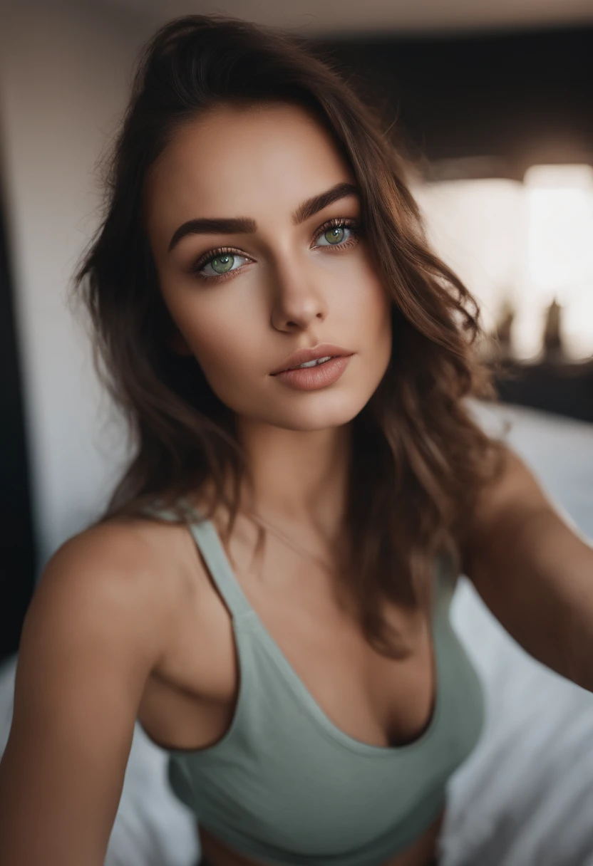 arafed woman with a white tank top and a necklace, sexy girl with green eyes, portrait sophie mudd, brown hair and large eyes, selfie of a young woman, bedroom eyes, violet myers, without makeup, natural makeup, looking directly at the camera, face with artgram, subtle makeup, stunning full body shot, piercing green eyes, beautiful angle, attractive pose, cute girl, sexy pose, full body picture, full body, full body shoot, brunette goddess, high detail, satisfied pose, leather pants