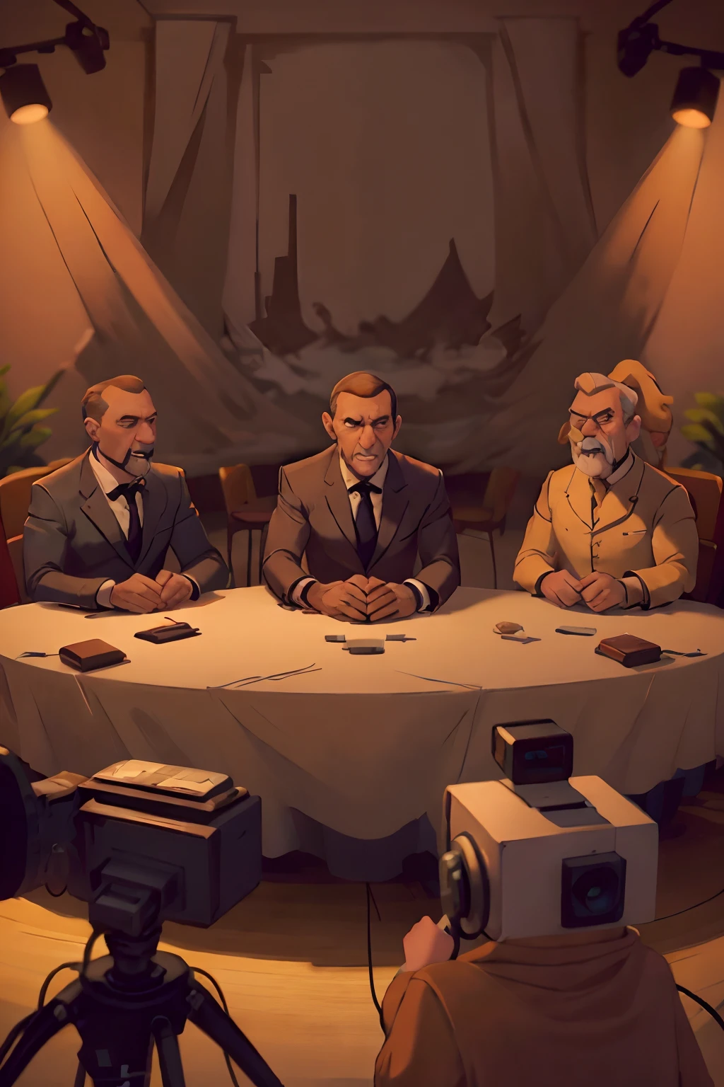 a cartoon animated picture of 3-5 presidents sitting at a table with the press surrounding them with mics and cameras, high definition hands, high quality