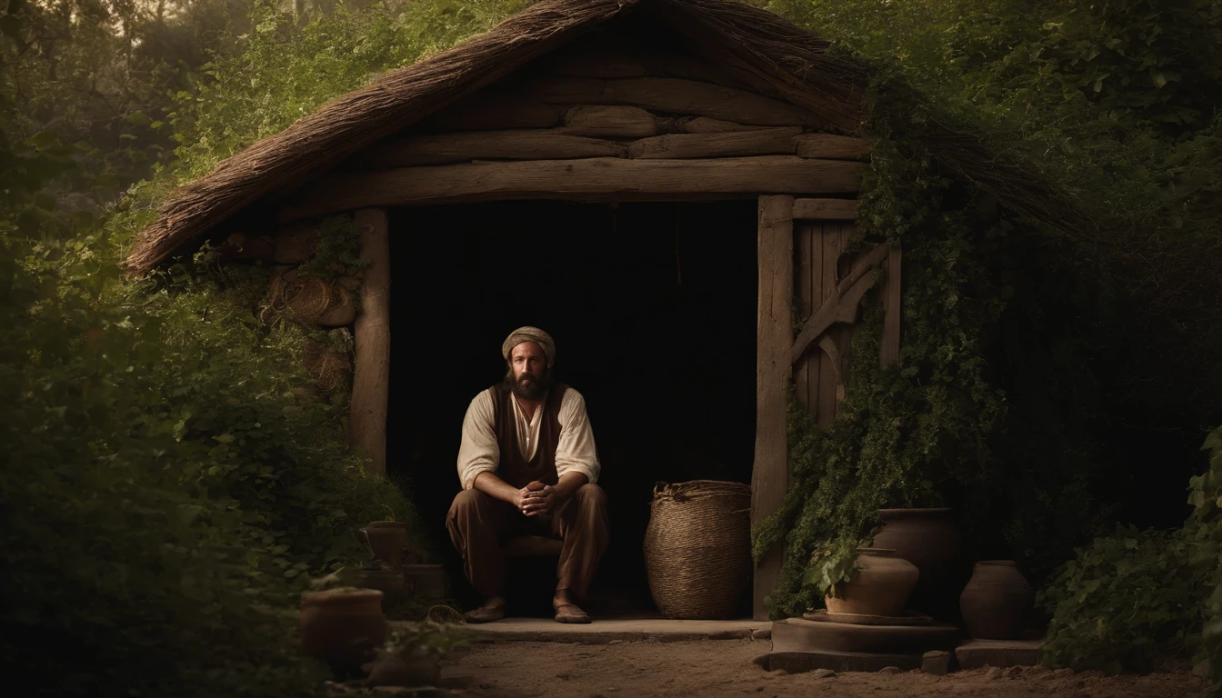 Jonas, Character in the Old Testament of the Bible, in his very simple hut and far from the city of Nineveh. He is sitting in the doorway and underneath an accompanying ivy