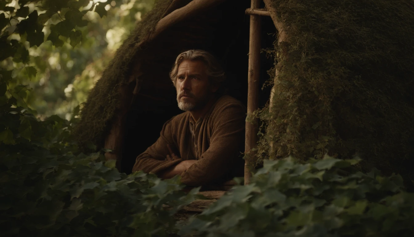 Jonas, Character in the Old Testament of the Bible, in his very simple hut and far from the city of Nineveh. He is sitting in the doorway and underneath an accompanying ivy