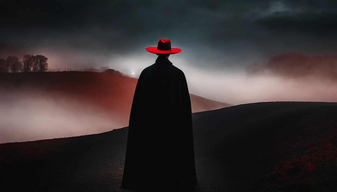 Describe an enigmatic man in a black and red hat, vestindo roupas vermelhas e pretas e uma capa preta, quem se move no vento noturno. Seu rosto tem um olhar penetrante, with strong characteristics, olhos vibrantes e misteriosos. Being in a mystical environment walking on a foggy road and your cloak under the moonlight