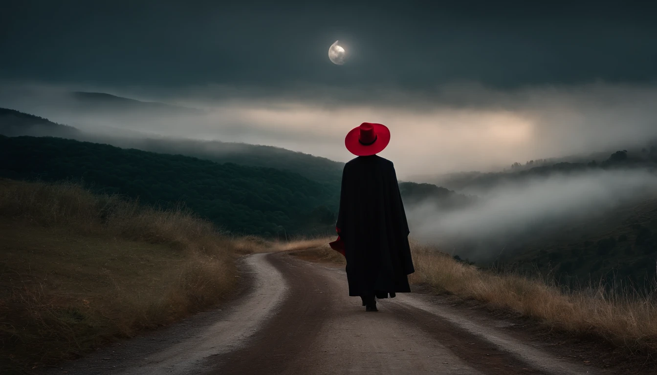 Describe an enigmatic man in a black and red hat, vestindo roupas vermelhas e pretas e uma capa preta, quem se move no vento noturno. Seu rosto tem um olhar penetrante, with strong characteristics, olhos vibrantes e misteriosos. Being in a mystical environment walking on a foggy road and your cloak under the moonlight