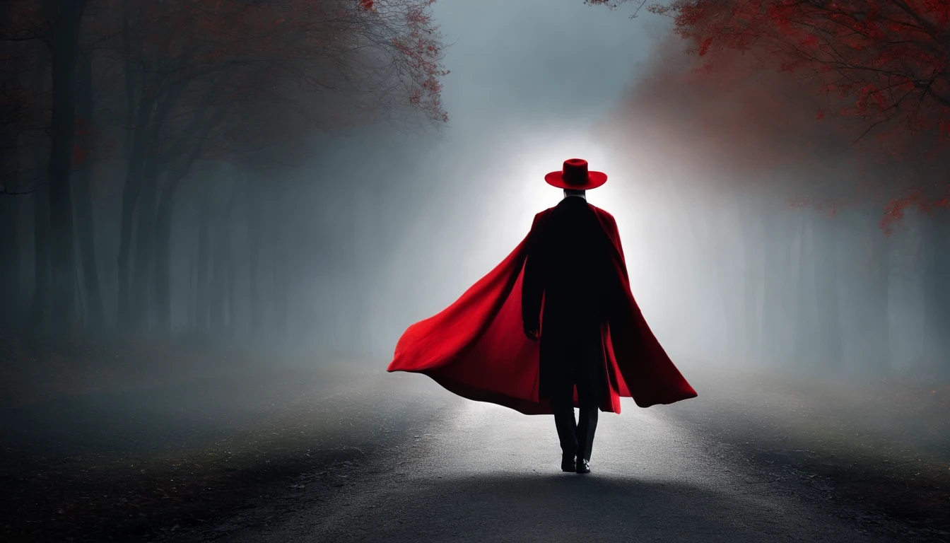 Describe an enigmatic man in a black and red hat, vestindo roupas vermelhas e pretas e uma capa preta, quem se move no vento noturno. Seu rosto tem um olhar penetrante, with strong characteristics, olhos vibrantes e misteriosos. Being in a mystical environment walking on a foggy road and your cloak under the moonlight