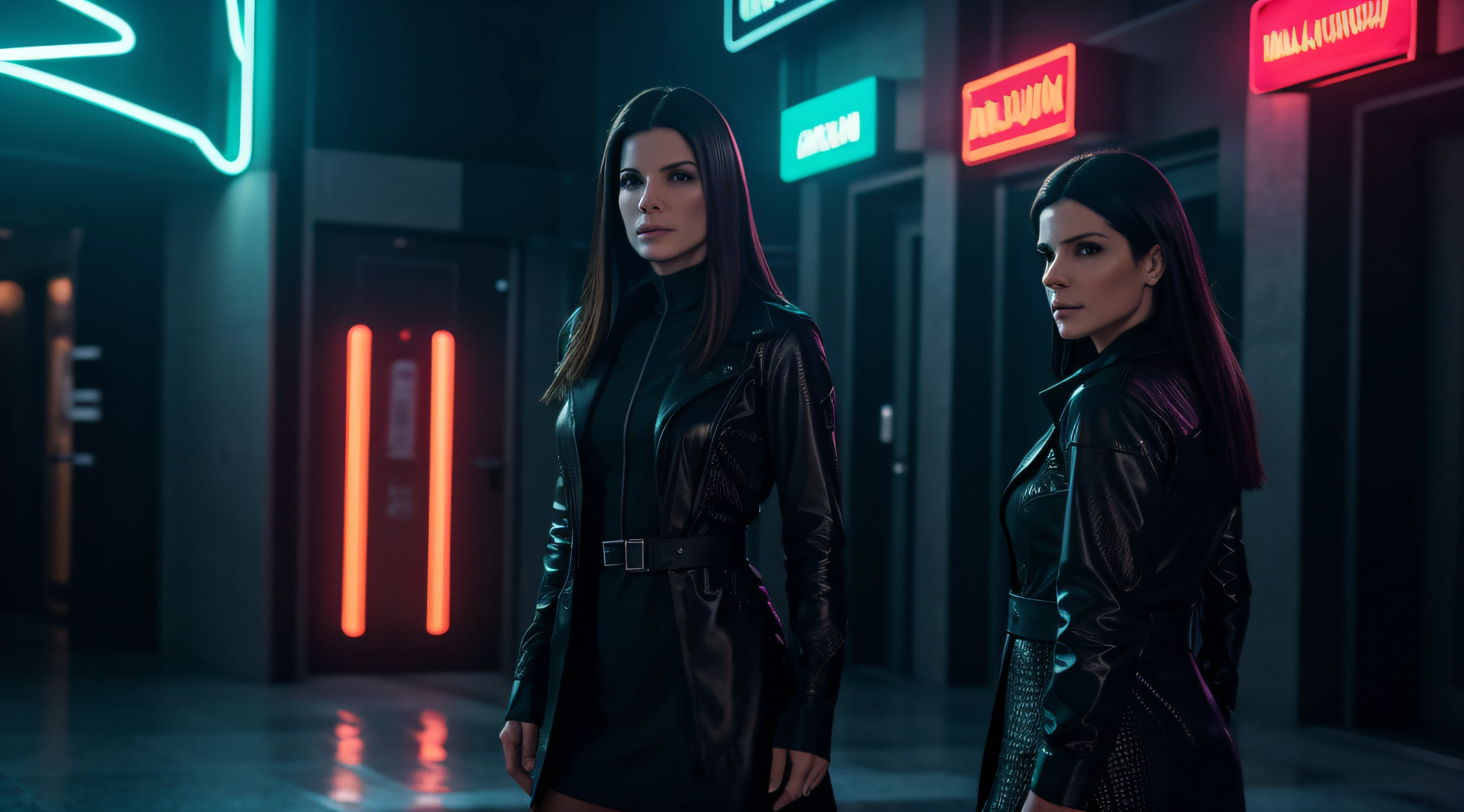 (obra prima) (ultradetalhada) (ultrarrealista |) Sandra Bullock, roupas provocativas, noite, Neon light, Foto premiada, BLN-L24, exposure,Alto contraste,low saturation,high saturation 8k 3D, f 2.8 lentes, Cinematic lighting