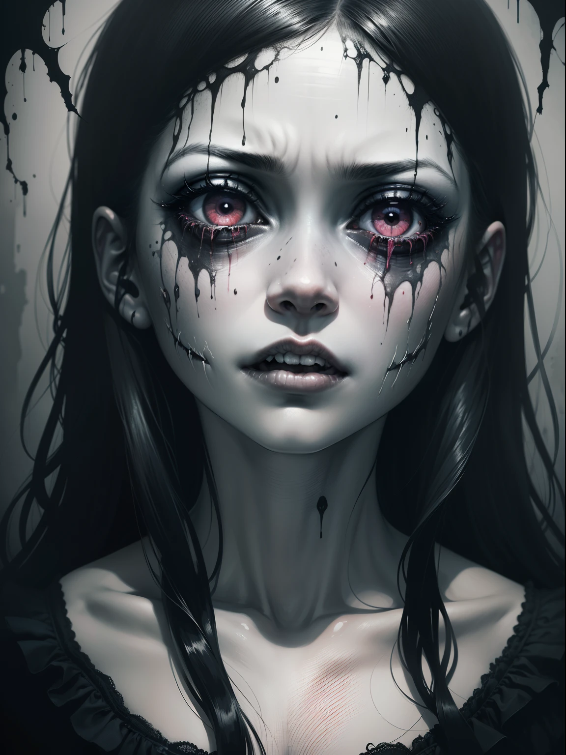 ((Junji Ito) manga portrait illustration of girls face)), horrified, scared, afraid expression,( black tears, smudged makeup), detailed, (horror theme:1.5), contemporary horror, ((black and white)), creepy atmosphere, disturbing