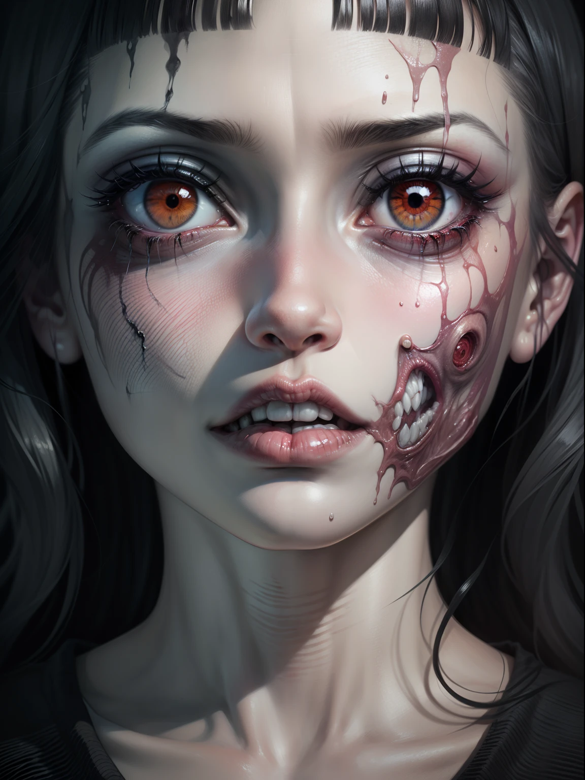 ((Junji Ito) manga portrait illustration of girls face)), horrified, scared, afraid expression,( black tears, smudged makeup), detailed, (horror theme:1.5), contemporary horror, ((black and white)), creepy atmosphere, disturbing