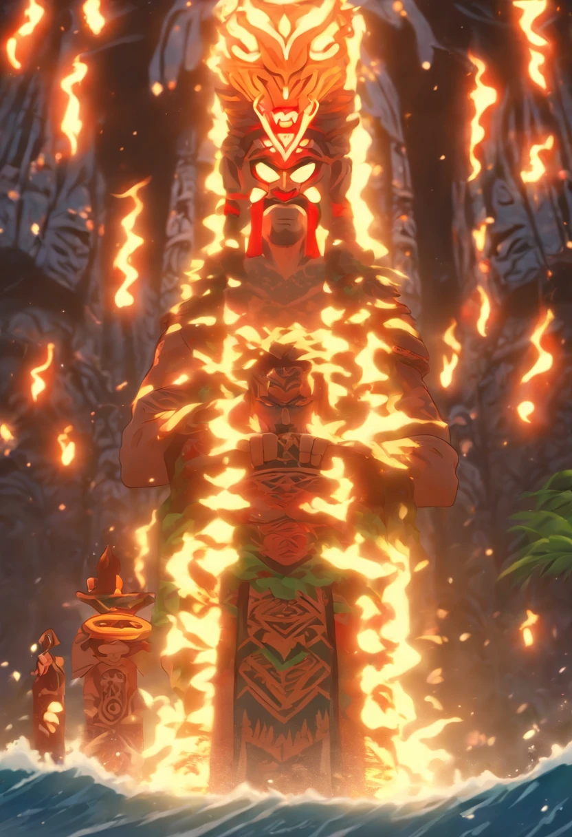 (((Hawaiian Ritual))) best quality, ultra-high resolution, 4K detailed CG, masterpiece, man, underworld, dark atmosphere, gloomy weather, Hawaiian clothing, Hawaii, Maori tattoos, Maori mythology, ((Maori Totem )), Maori image style, aesthetic, screen-centered, full body