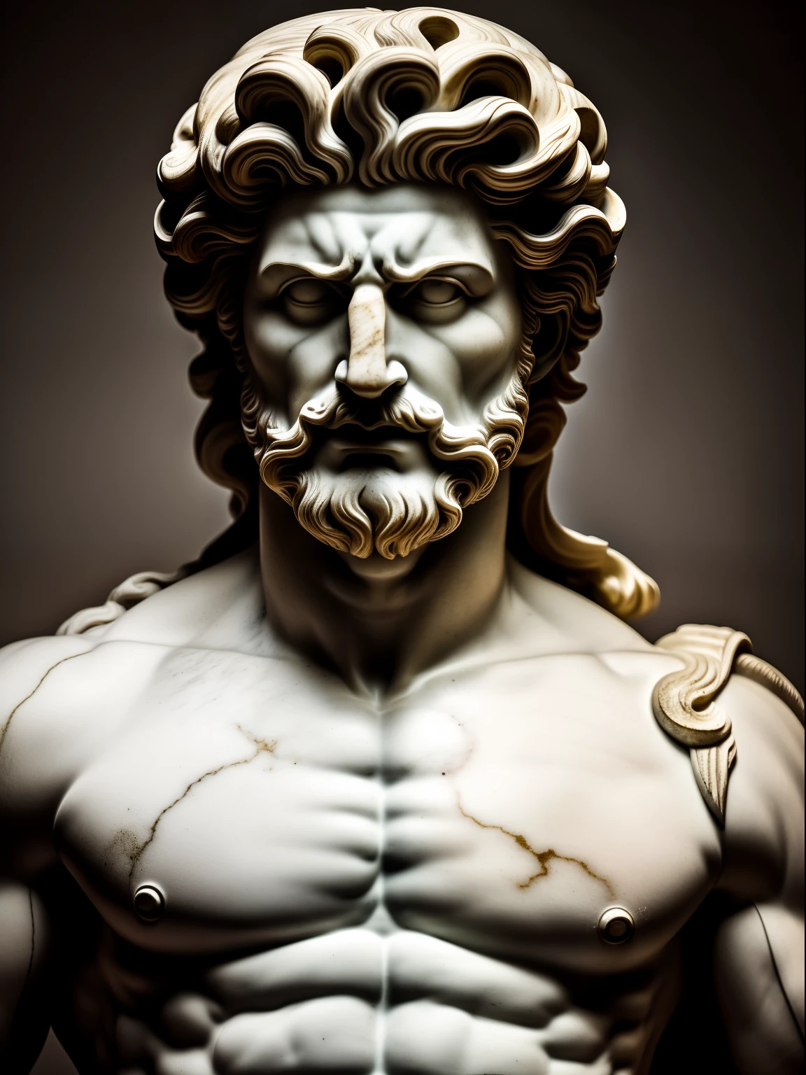 High-resolution marble sculpture of a handsome Roman god who appears fiercely angry and aggressive, Demonstration of power and strength, Ojos expresivos feroces, HDR, 8k