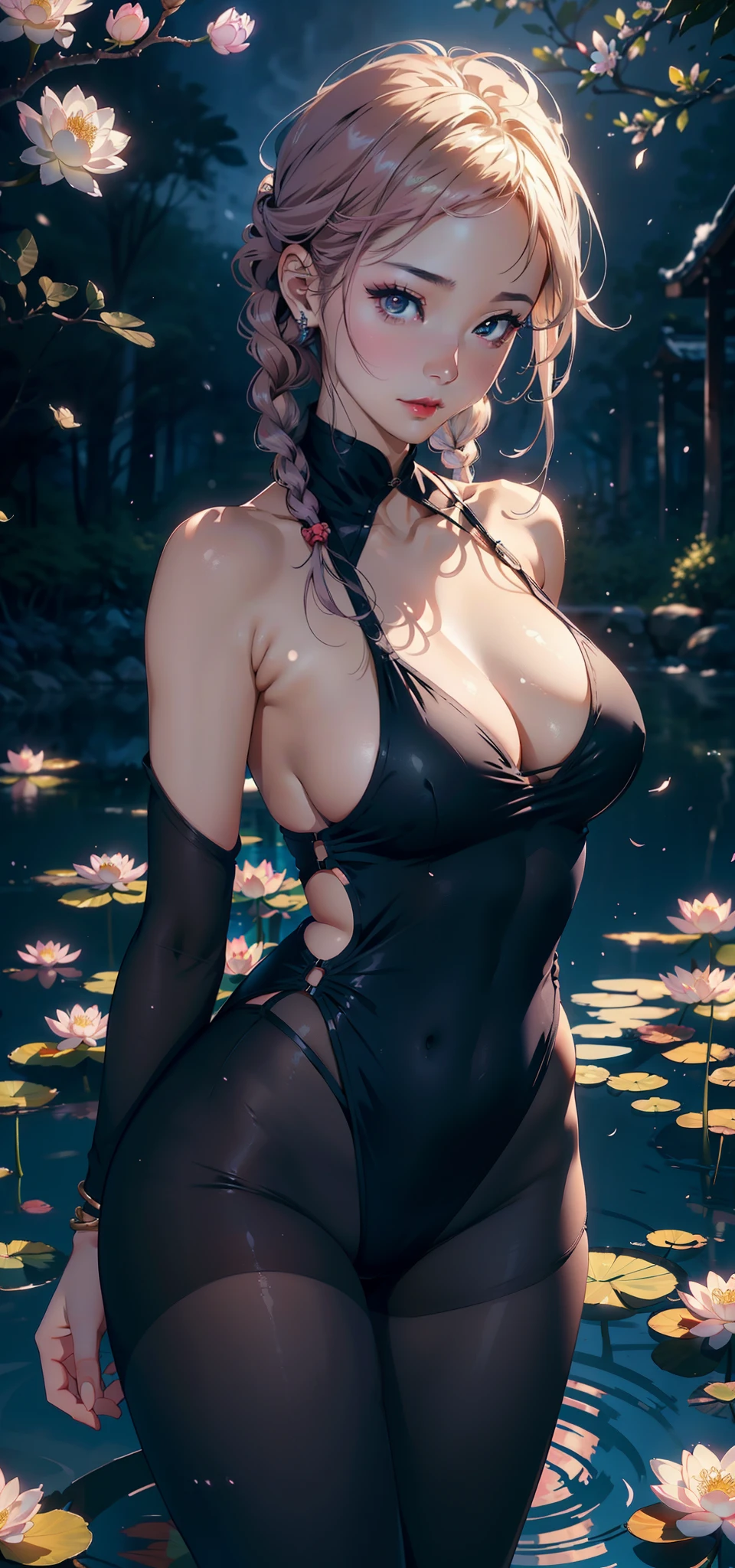 1female，45 yers old，Married Woman，熟妇，plumw，extremely large bosom， 独奏，（Background with：ponds，Cherry blossom forest，snow mountains，lotus flower）standing underwater， She has short pink hair，Twist braids，seen from the front，， mostly cloudy sky，（（（tmasterpiece），（Very detailed CG unity 8K wallpaper），best qualtiy，cinmatic lighting，detailed back ground，beatiful detailed eyes，Bright pupils，Black eyes，Snow-whiteskin，Redlip（Very fine and beautiful），（Beautiful and detailed eye description），ultra - detailed，tmasterpiece，））facing at camera，A high resolution，ultra - detailed），revealing breasts，Bare genitalia，  Bulge，legs are open，Raised sexy，Camel toes，Desire for dissatisfaction，frontage，（Wearing：，Transparent black one-piece type，Pantyhose，Bare ）on cheongsam