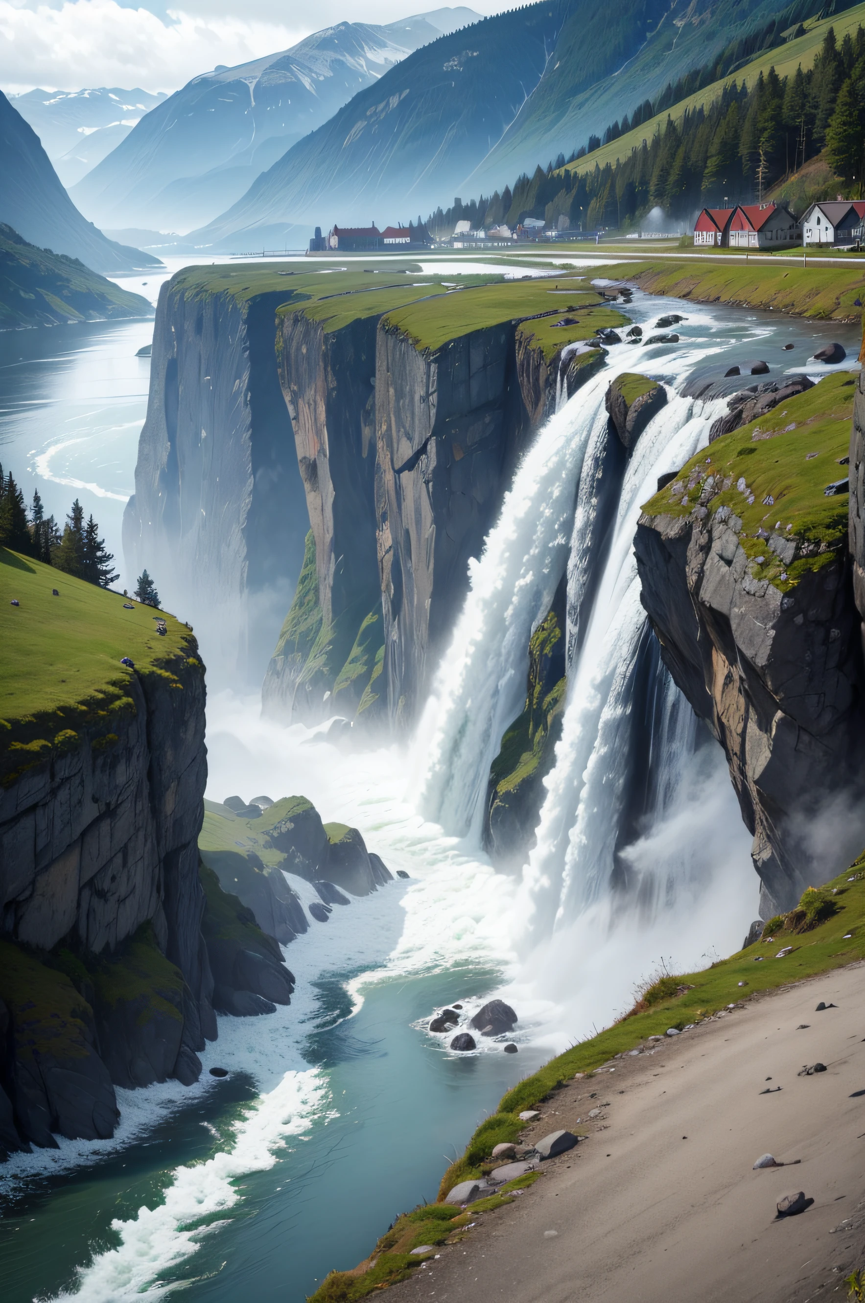 Norwegische Landschaft mit Bergen Wasserfall und nebel , ultra realistisch --auto