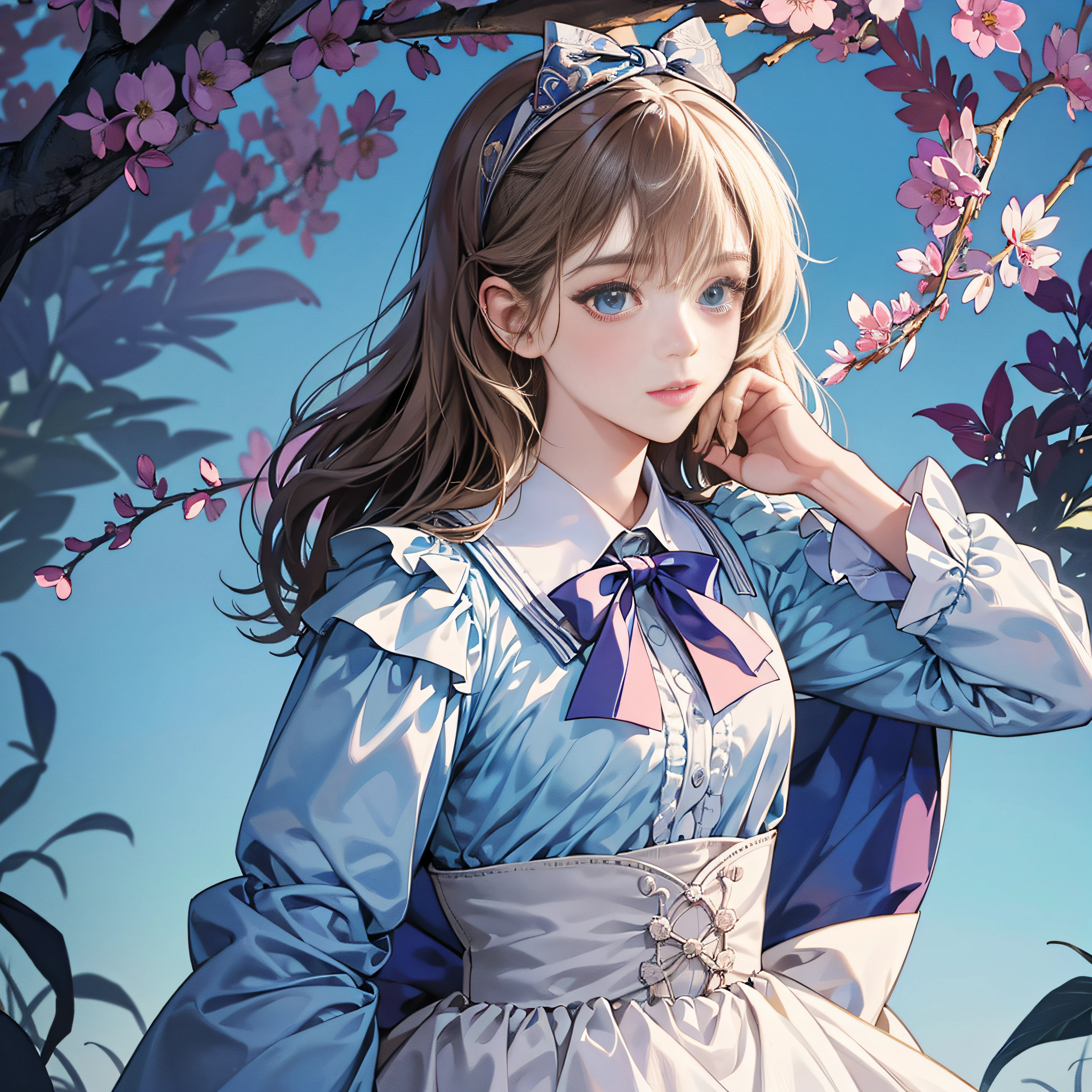 1girl in, masutepiece, Best Quality, 8K, Detailed skin texture, Detailed Cloth Texture, beautifull detailed face, Intricate details, ultra-detailliert, Alice in Wonderland, (bow over her head:1.1), Upper body --auto