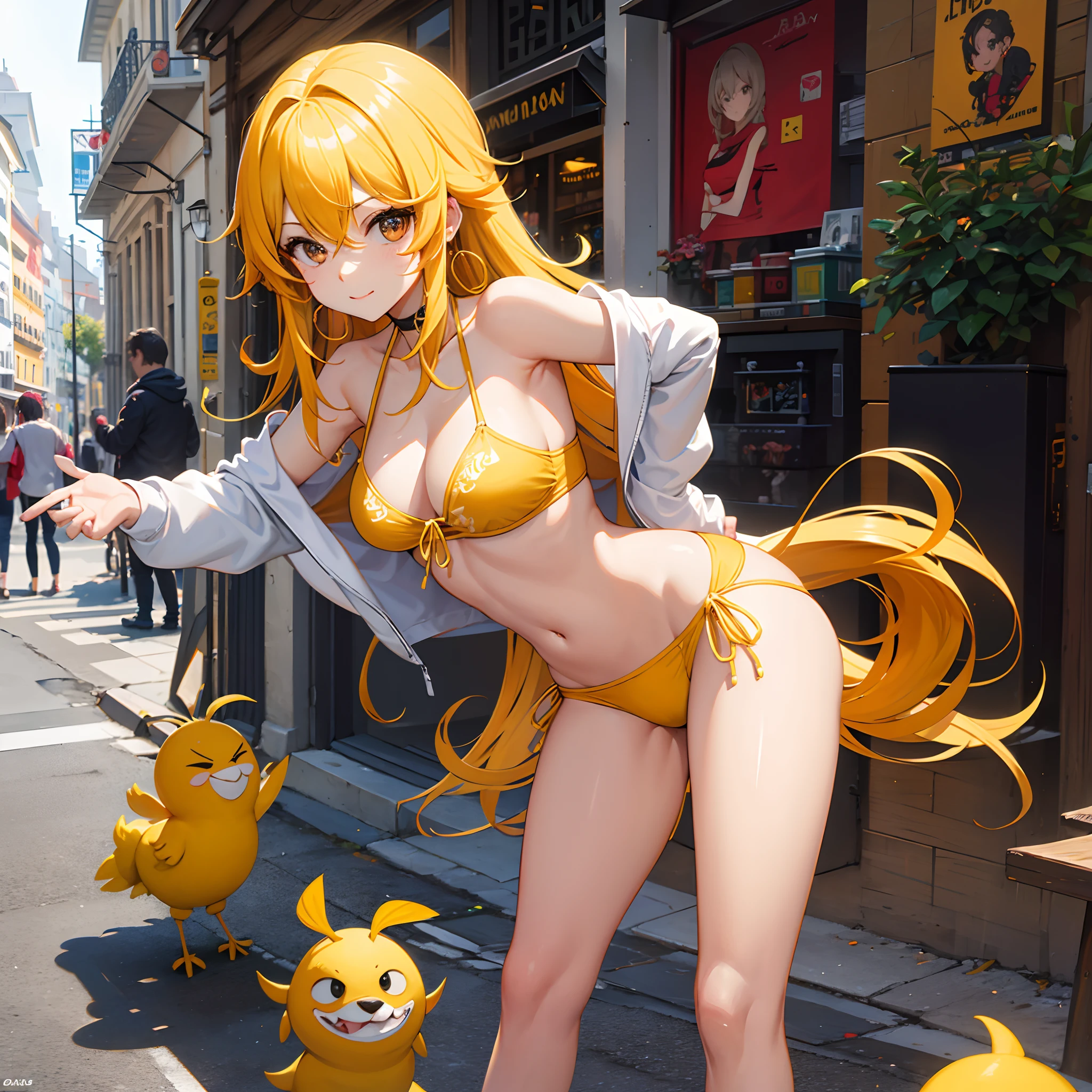 Chica linda,gran culo,pelo largo amarillo,en la calle,enojada,bikini rojo