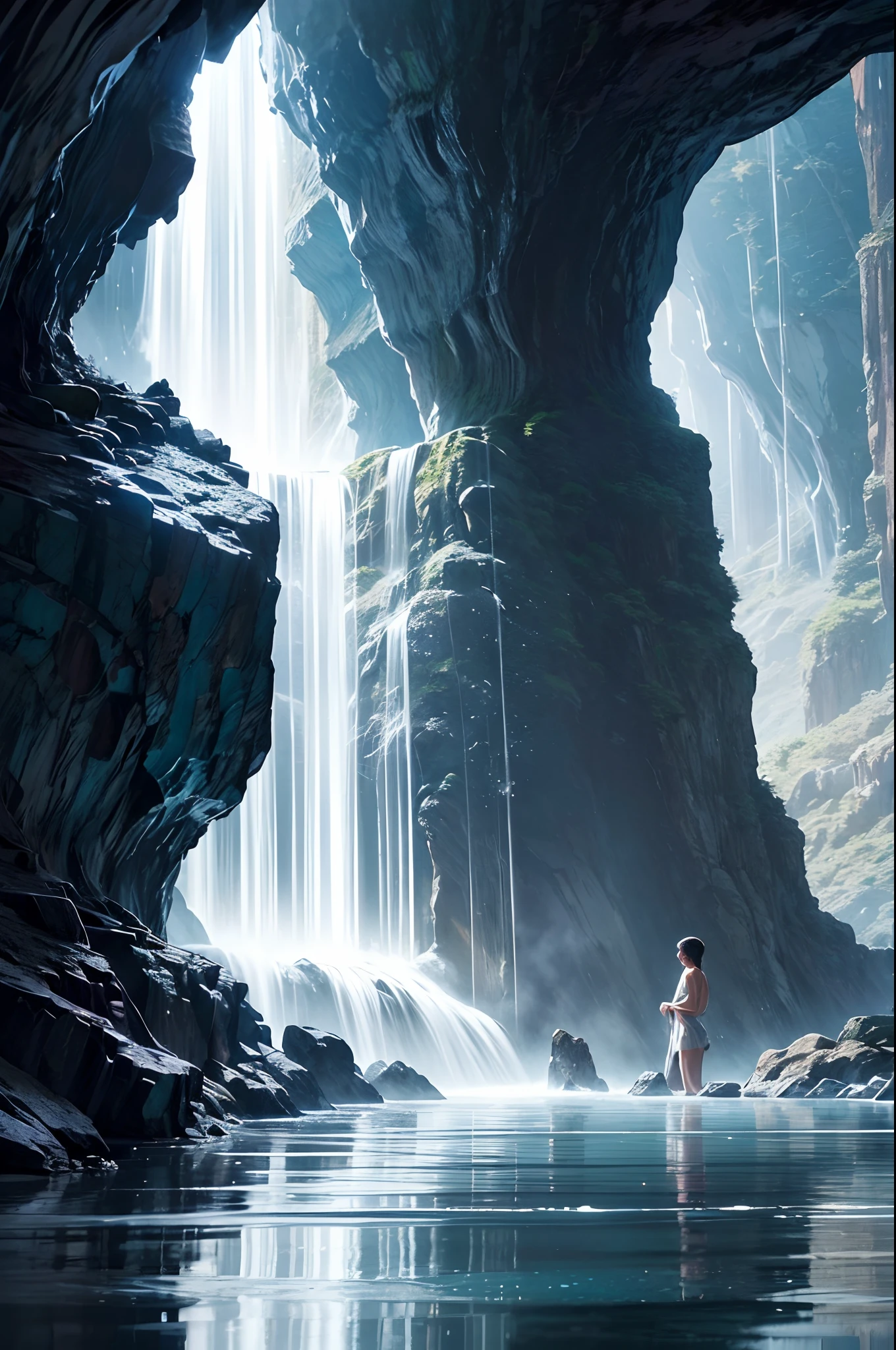An enchanting photograph of a "Waterfall Shower Girl Cave" in the early morning mist. The cave is carved into a rocky cliff, and the waterfall gracefully descends, creating a curtain of crystal-clear water. The girl within the cave stands under the shower, her silhouette visible through the water's flow, surrounded by the ethereal glow of dawn.
